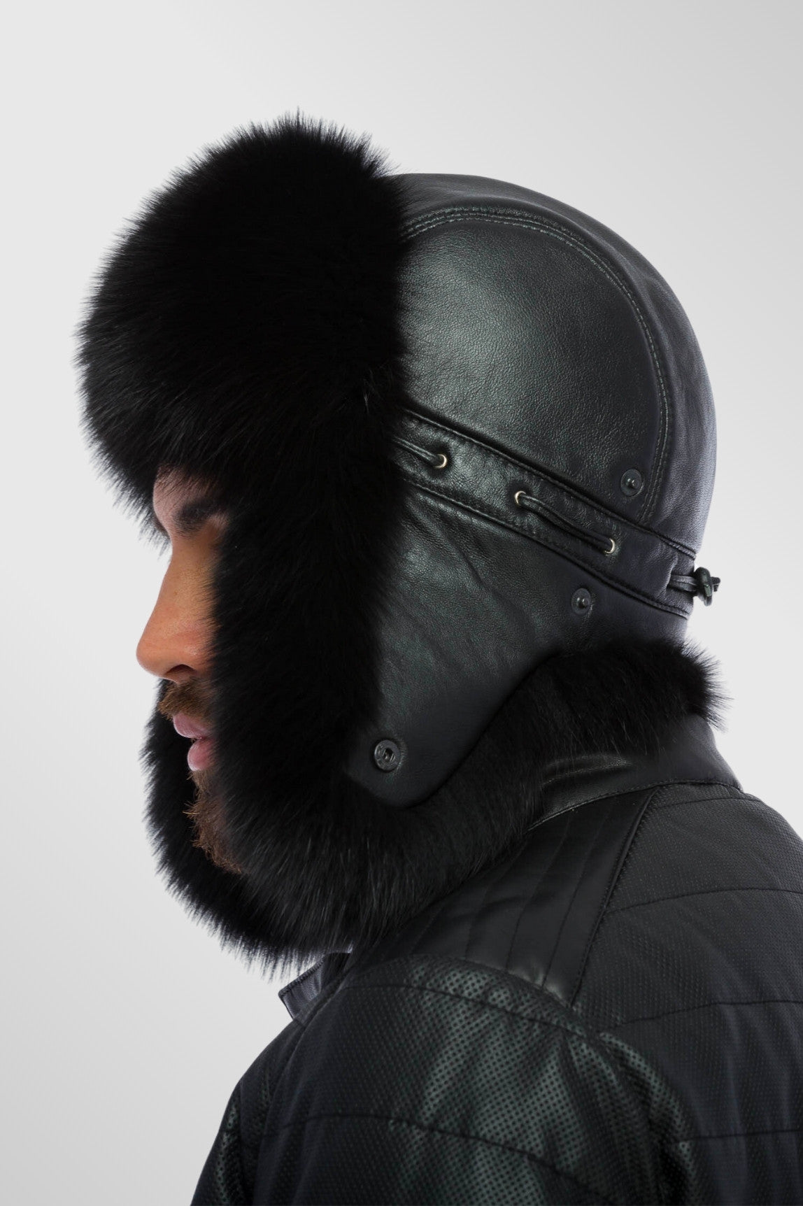 Căciulă din Blană Naturală de Vulpe și Piele, Bărbați, Obsidian 27