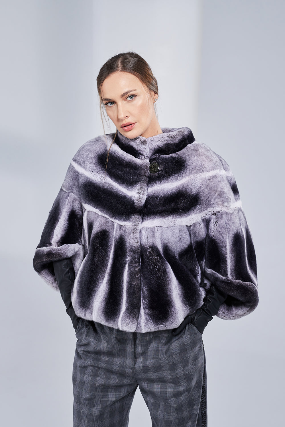 Capă din Blană Naturală de Rex Chinchilla, Femei, Dark Grey 52