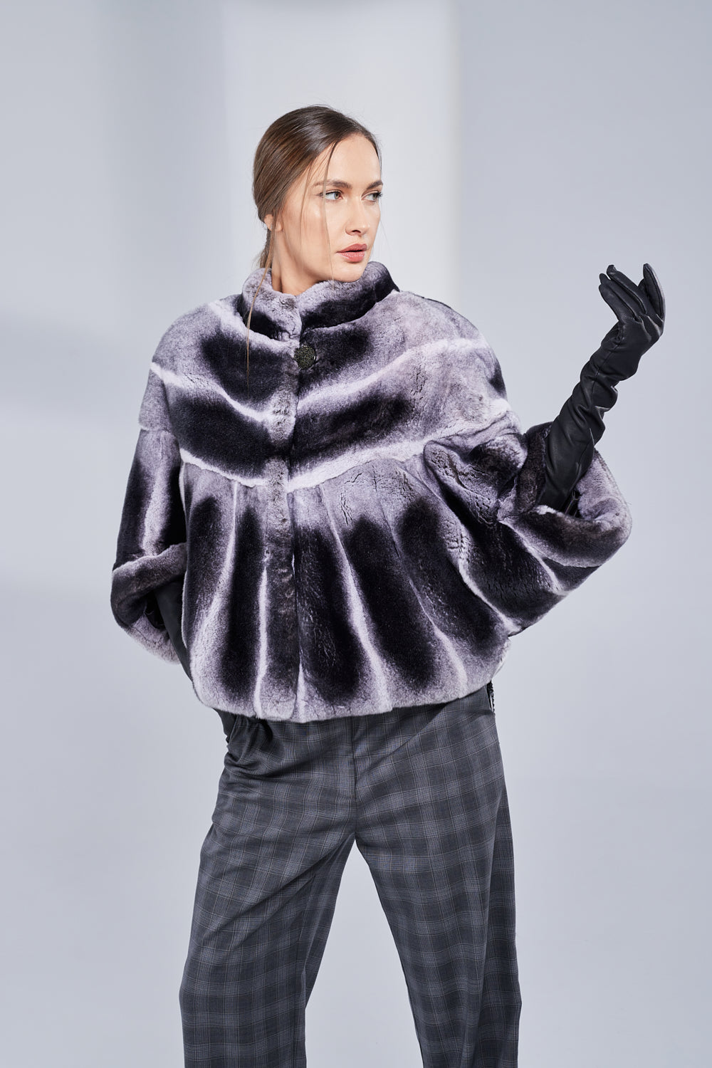 Capă din Blană Naturală de Rex Chinchilla, Femei, Dark Grey 52