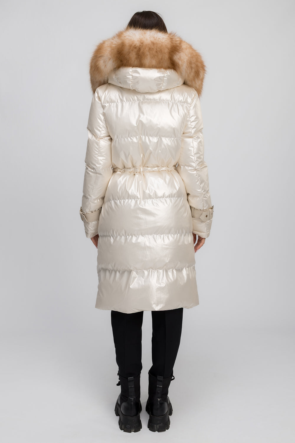 Geacă Parka cu Glugă Detașabilă, Accesorii din Blană Naturală de Vulpe și Piele Naturală, Femei, Ivory Frost 455