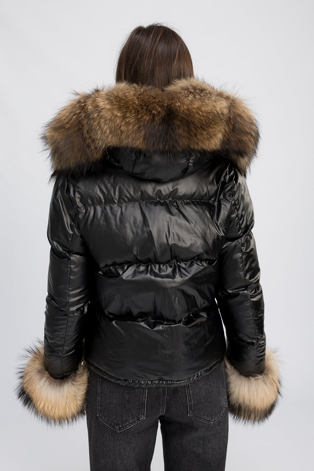 Veste courte à capuche et poignets en fourrure naturelle de raton laveur, Femme, Obsidian Night 460