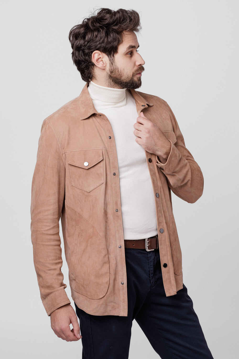 Veste en daim naturel, style chemise, homme, Pearl Cappuccino 109