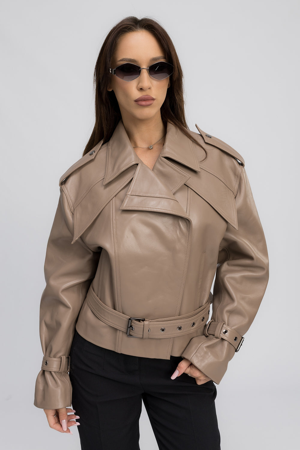 Geacă din Piele Naturală, Oversized, Femei, Cappuccino 444