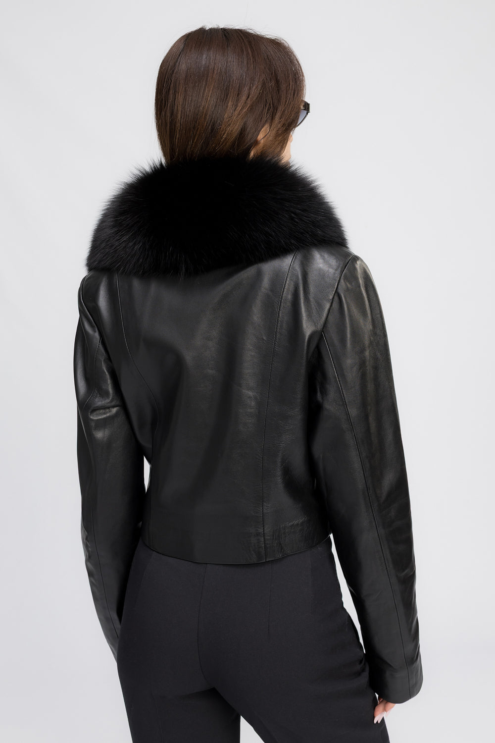 Veste en cuir naturel, avec col en fourrure de renard, pour femme, Obsidian 443