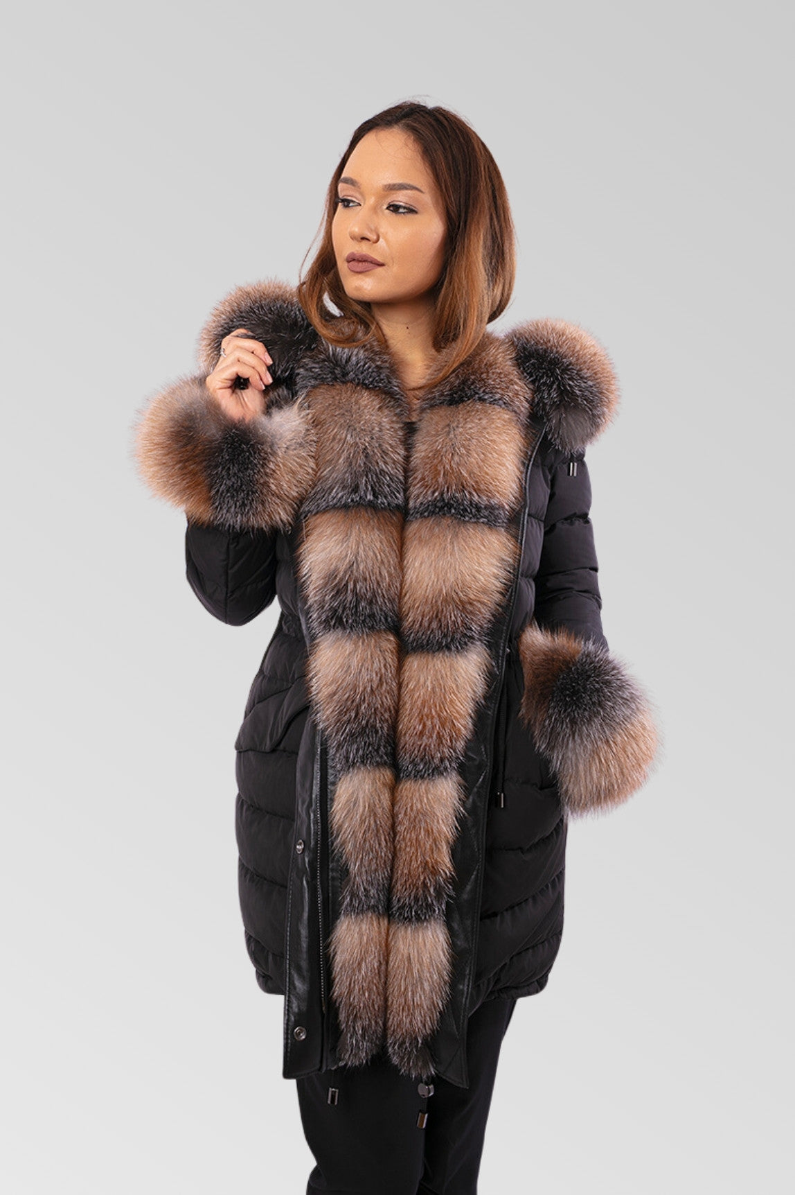 Parka cu blană de vulpe, imbottito in piuma naturale, impermeabile, donna, Obsidian e Brown Frost 150