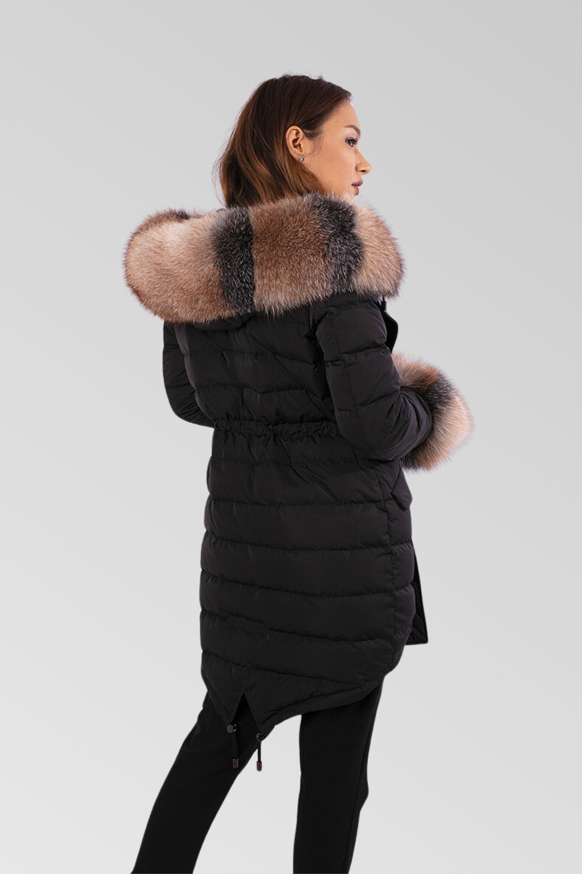 Parka cu blană de vulpe, imbottito in piuma naturale, impermeabile, donna, Obsidian e Brown Frost 150