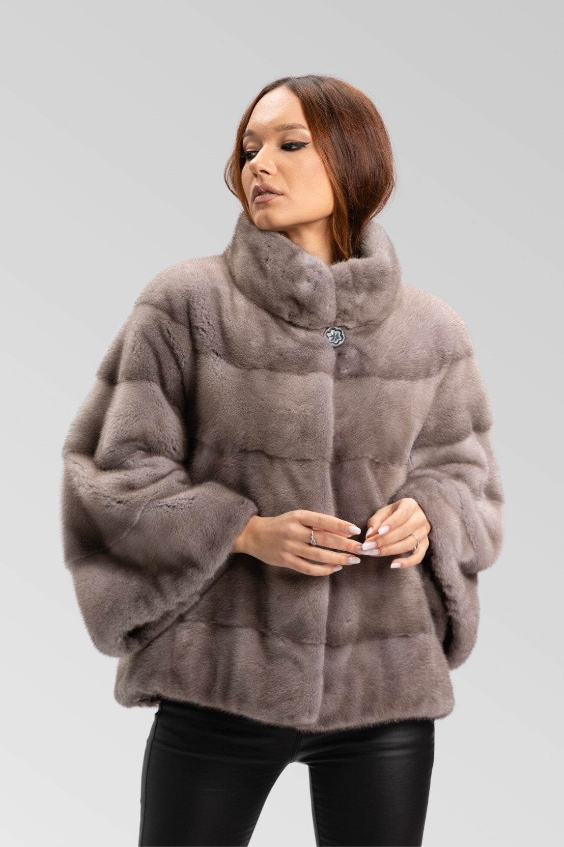Haină din Blană Naturală de Vizon, Mânecă Clopot, Oversized, Femei, Silver Blue 230