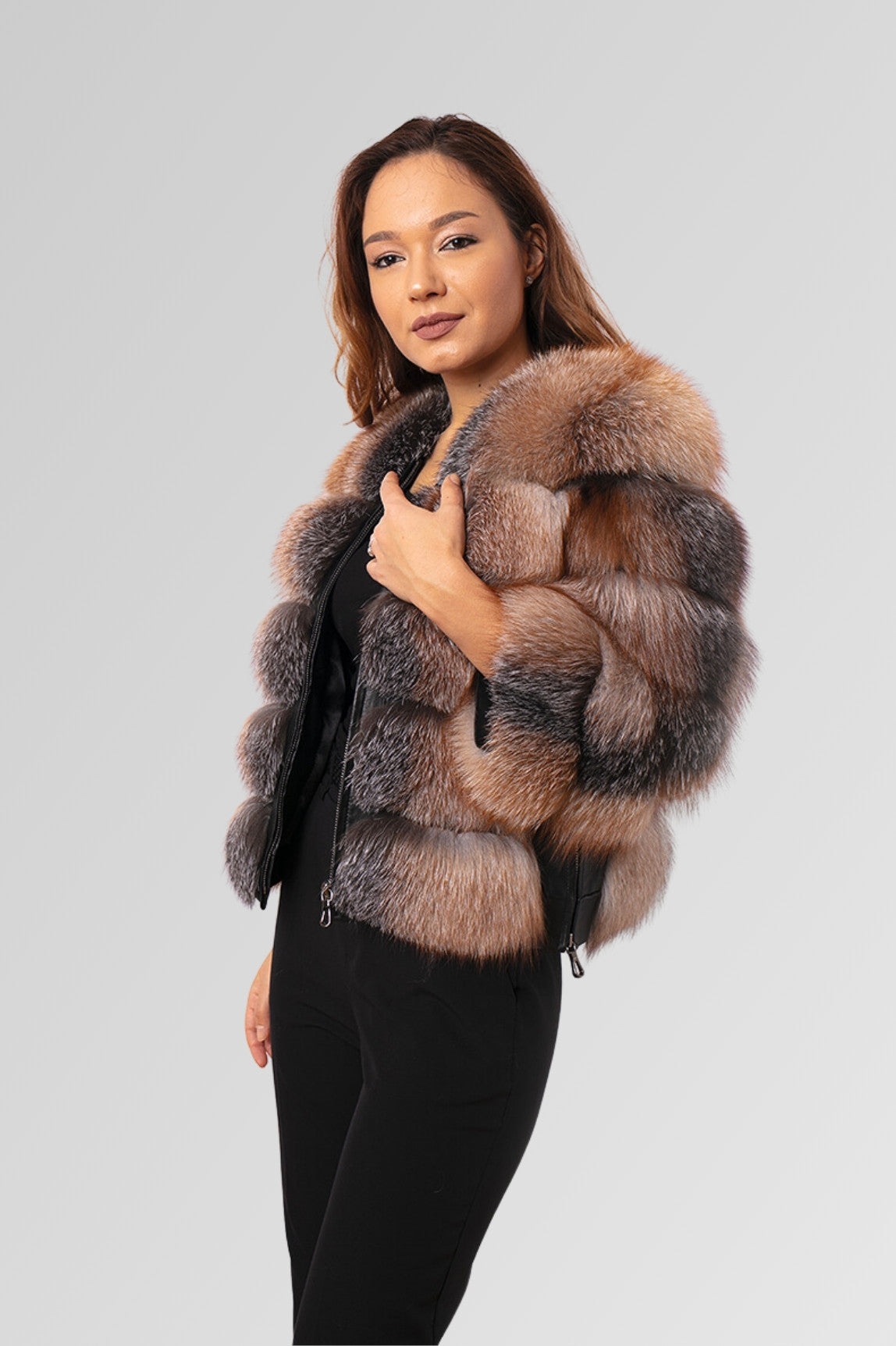 Cappotto in vera pelliccia di volpe, trasformabile, donna, Brown Frost 259