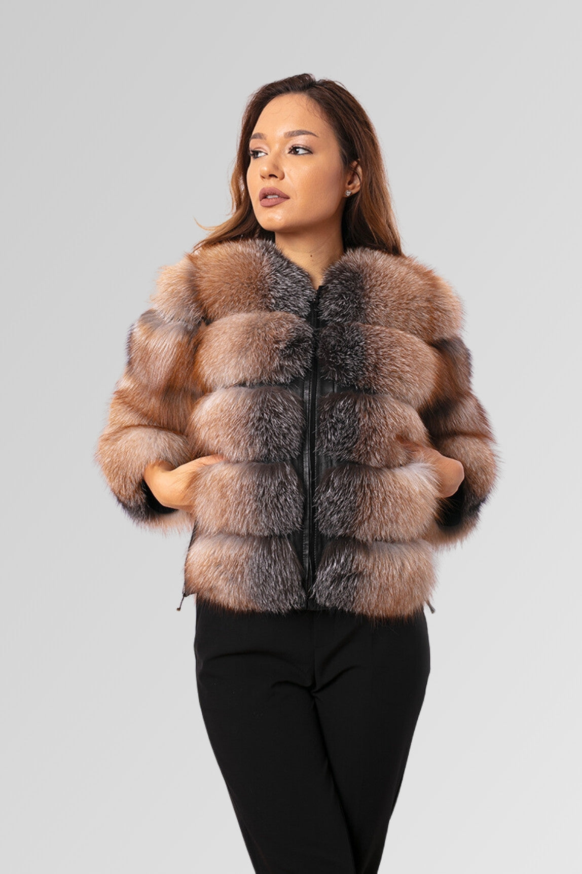 Cappotto in vera pelliccia di volpe, trasformabile, donna, Brown Frost 259