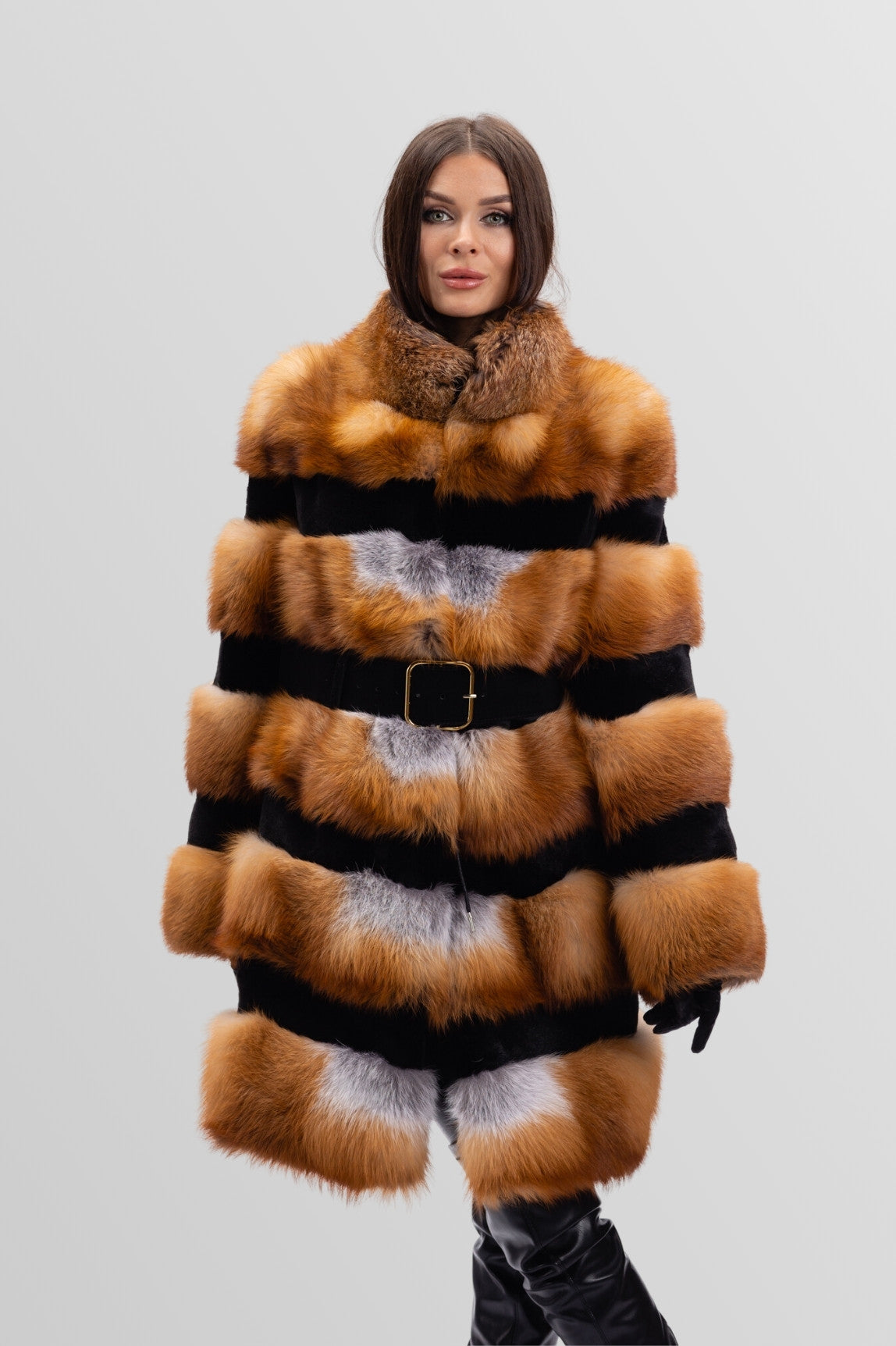 Haină din Blană Naturală de Vulpe Canadiană, Transformabilă, Femei, Brown Frost 245