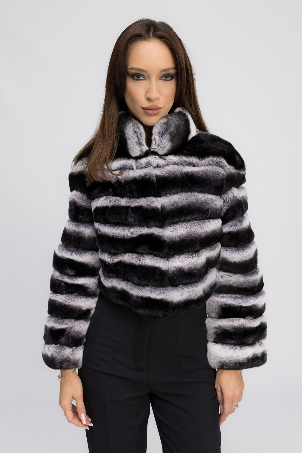 Haină din Blană Naturală de Rex Chinchilla, cu Guler Tunică, Femei, Shadow Mist 463
