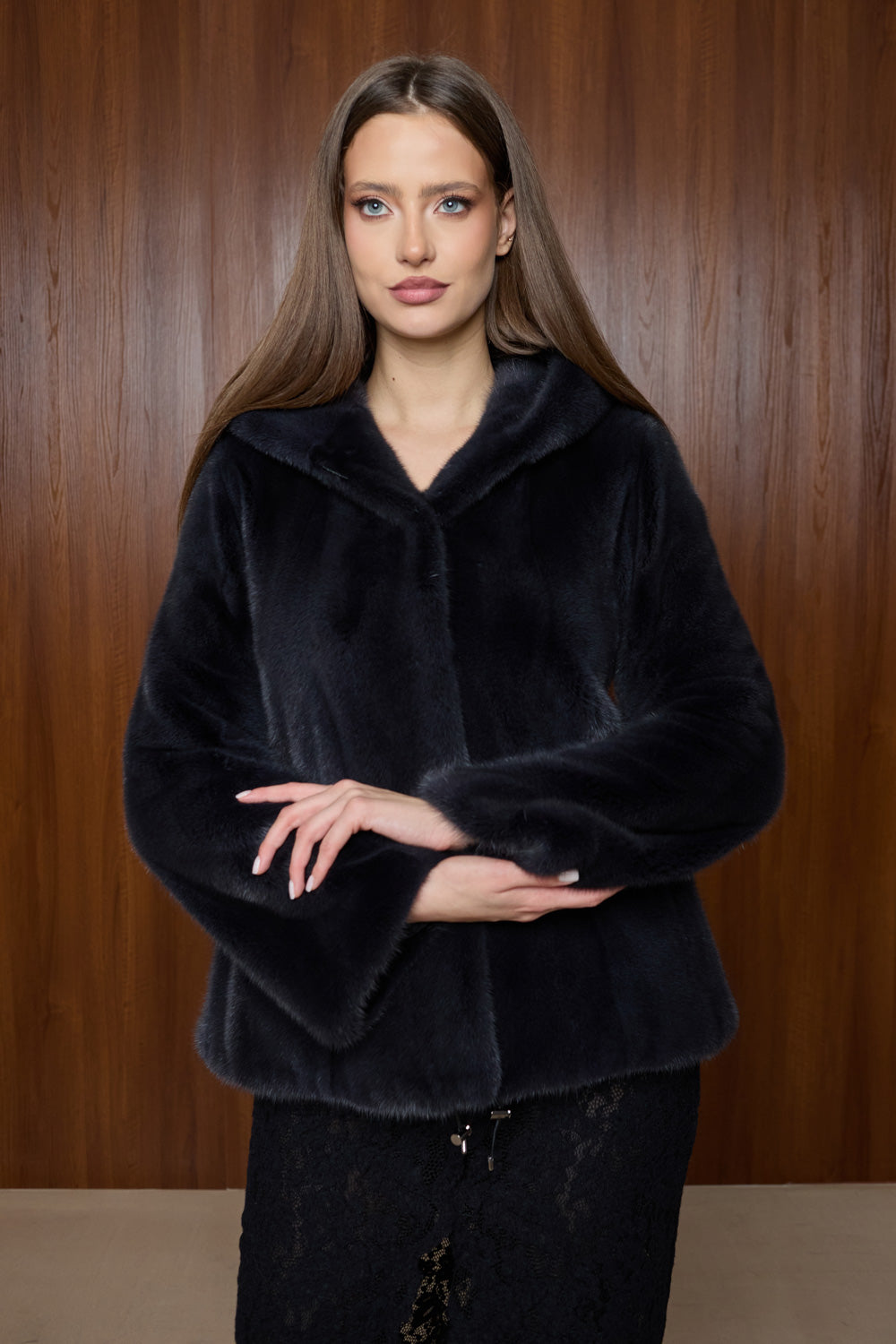 manteau en fourrure de vison avec capuche, gris pétrole, Mareus