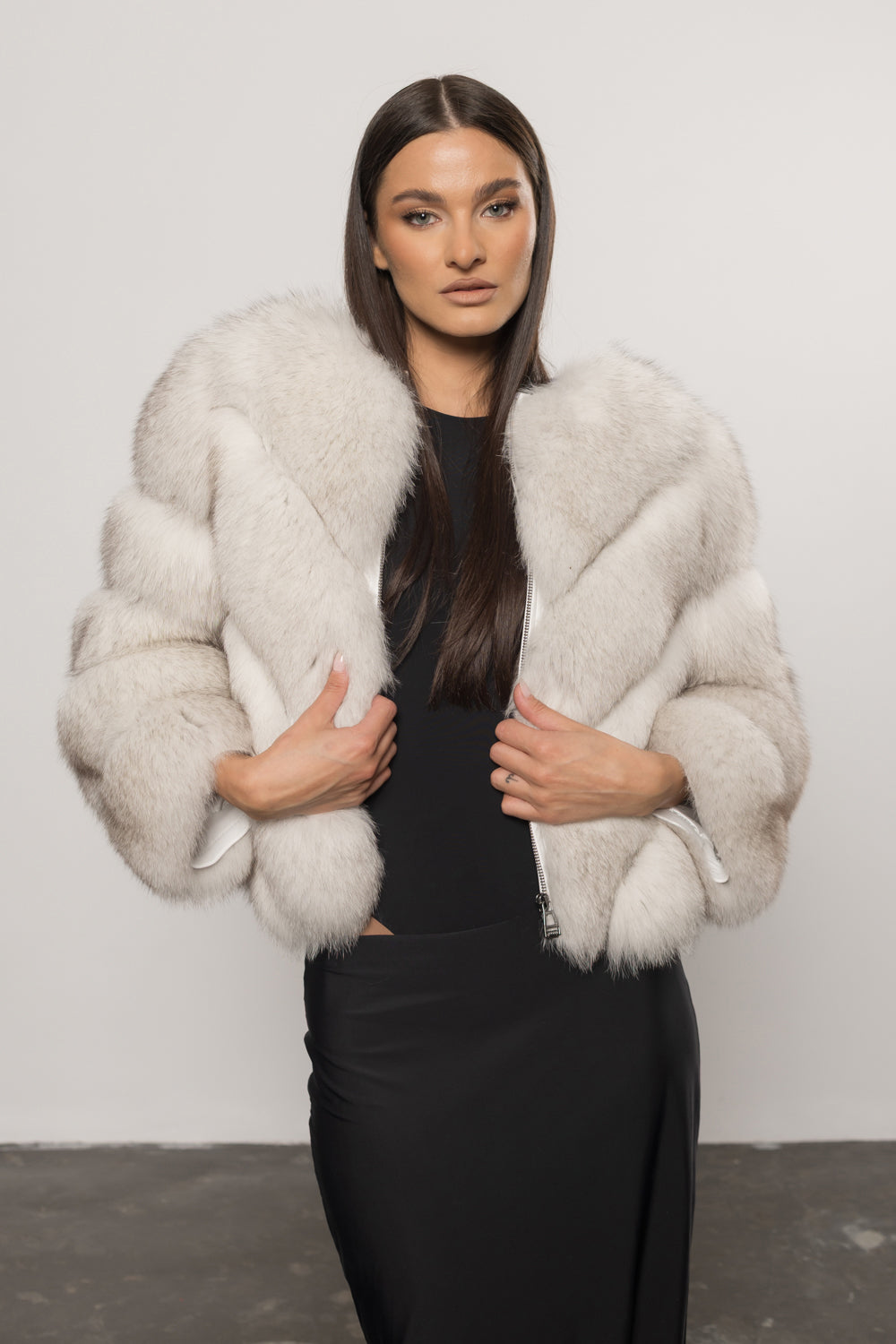Women's Natural Polar Fox Fur Coat, Convertible, V Model, with Detachable Hood, Natural White 402