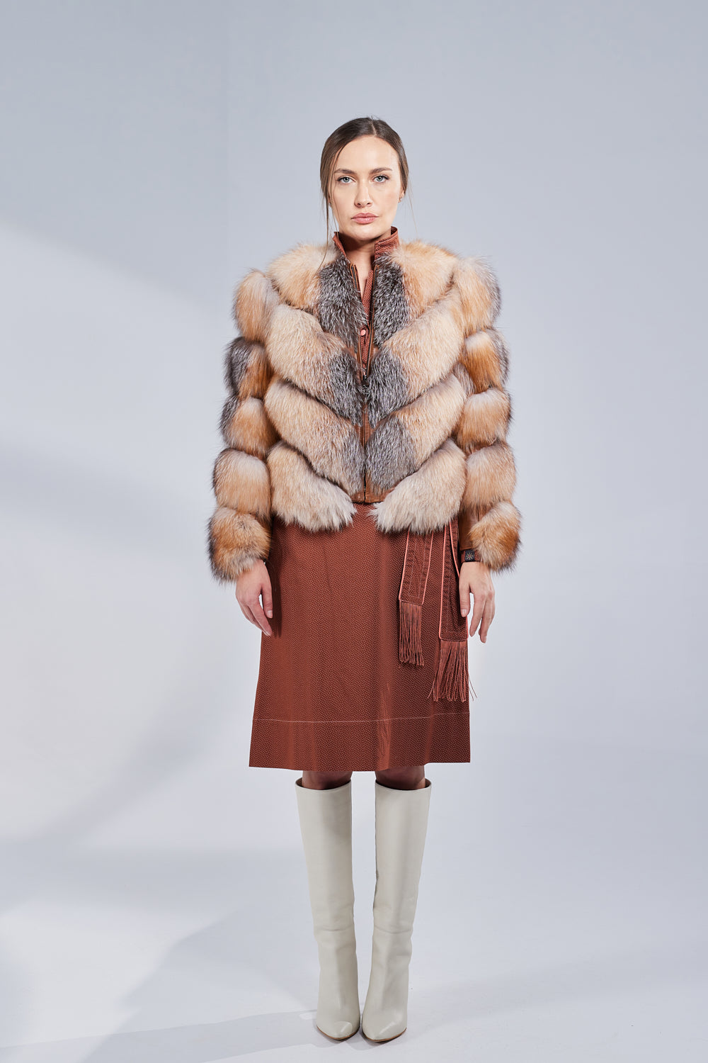 Manteau en fourrure naturelle de renard, modèle en V, transformable, femmes, Brown Frost 275