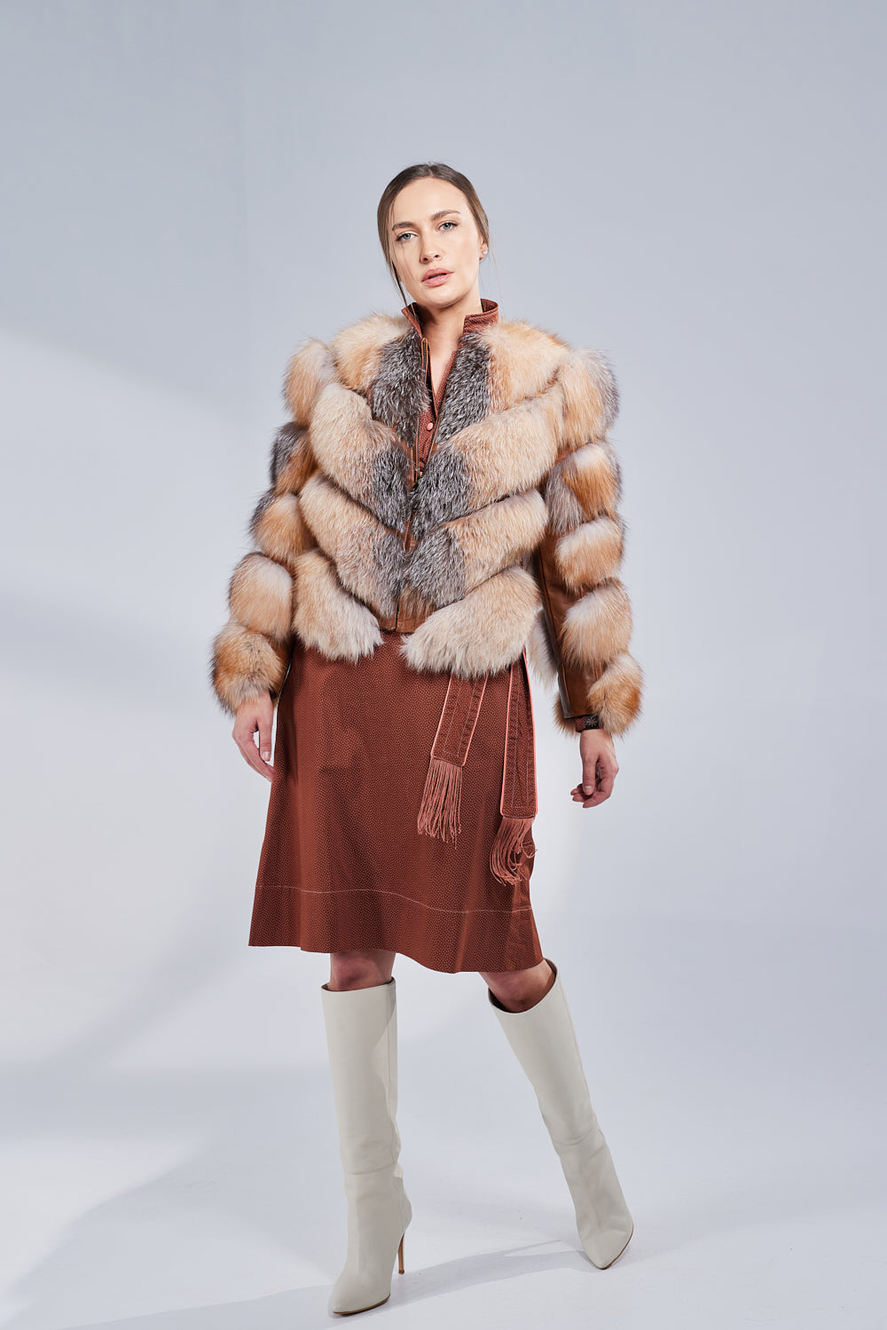 Manteau en fourrure naturelle de renard, modèle en V, transformable, femmes, Brown Frost 275