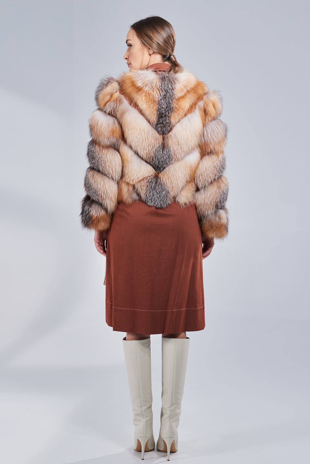 Manteau en fourrure naturelle de renard, modèle en V, transformable, femmes, Brown Frost 275
