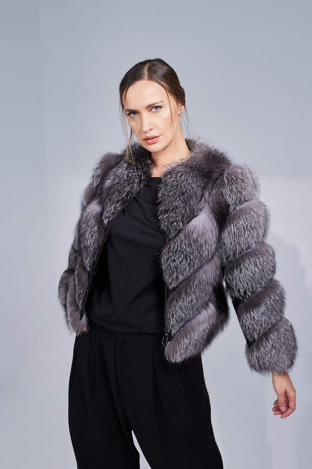 Manteau en fourrure naturelle de renard argenté, modèle en V, transformable, femmes, Grey Frost 242