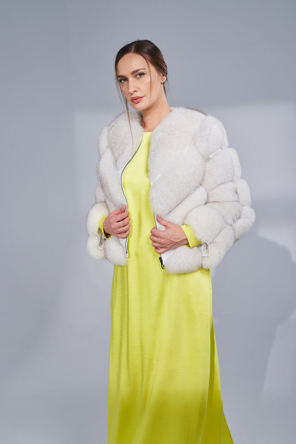 Manteau en fourrure naturelle de renard, modèle en V, transformable, femmes, blanc naturel 274