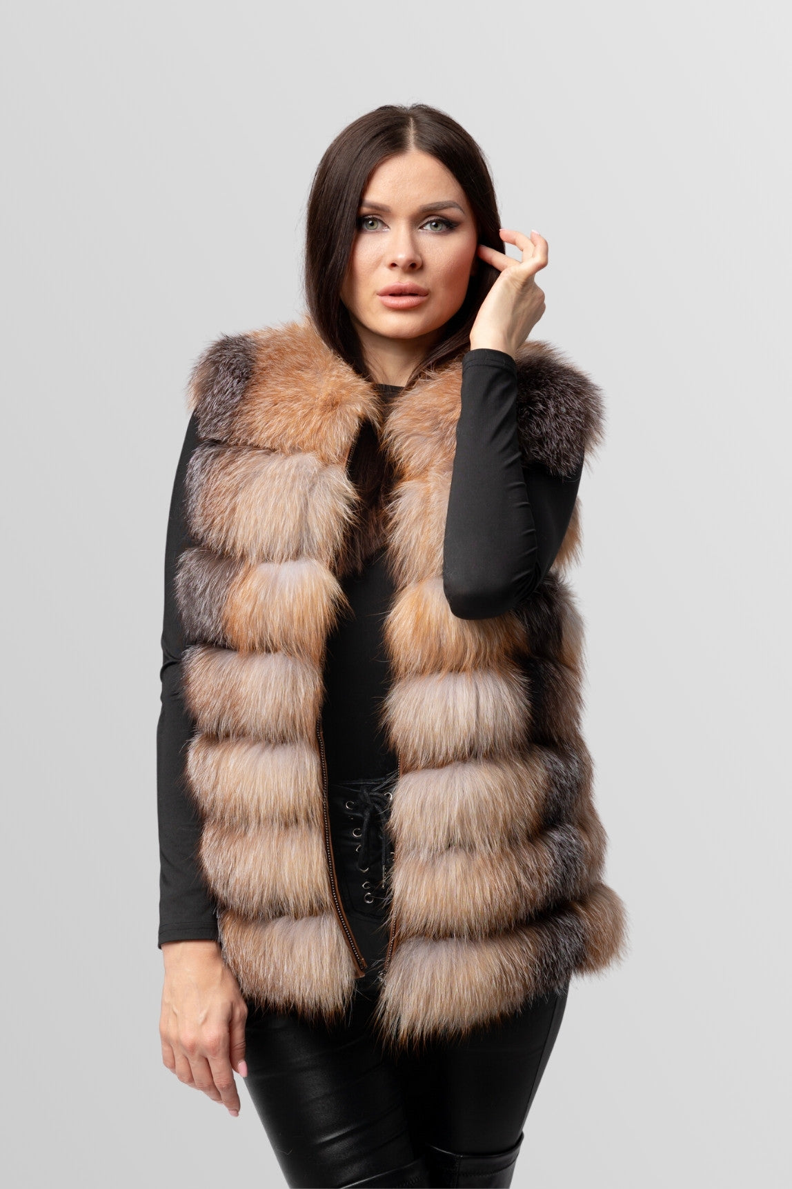 Cappotto in pelliccia naturale di volpe argentata, trasformabile 6 in 1, donna, Brown Frost 241