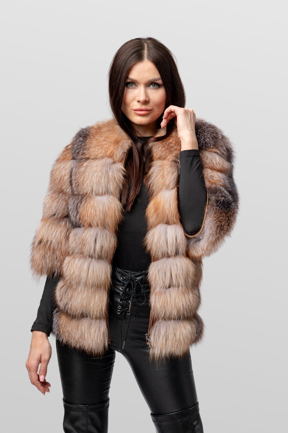 Cappotto in pelliccia naturale di volpe argentata, trasformabile 6 in 1, donna, Brown Frost 241