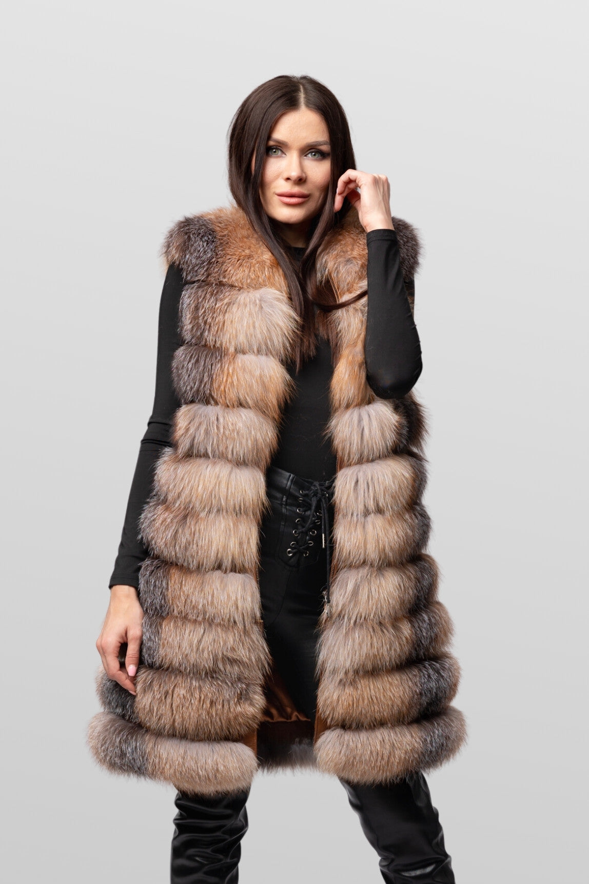 Cappotto in pelliccia naturale di volpe argentata, trasformabile 6 in 1, donna, Brown Frost 241