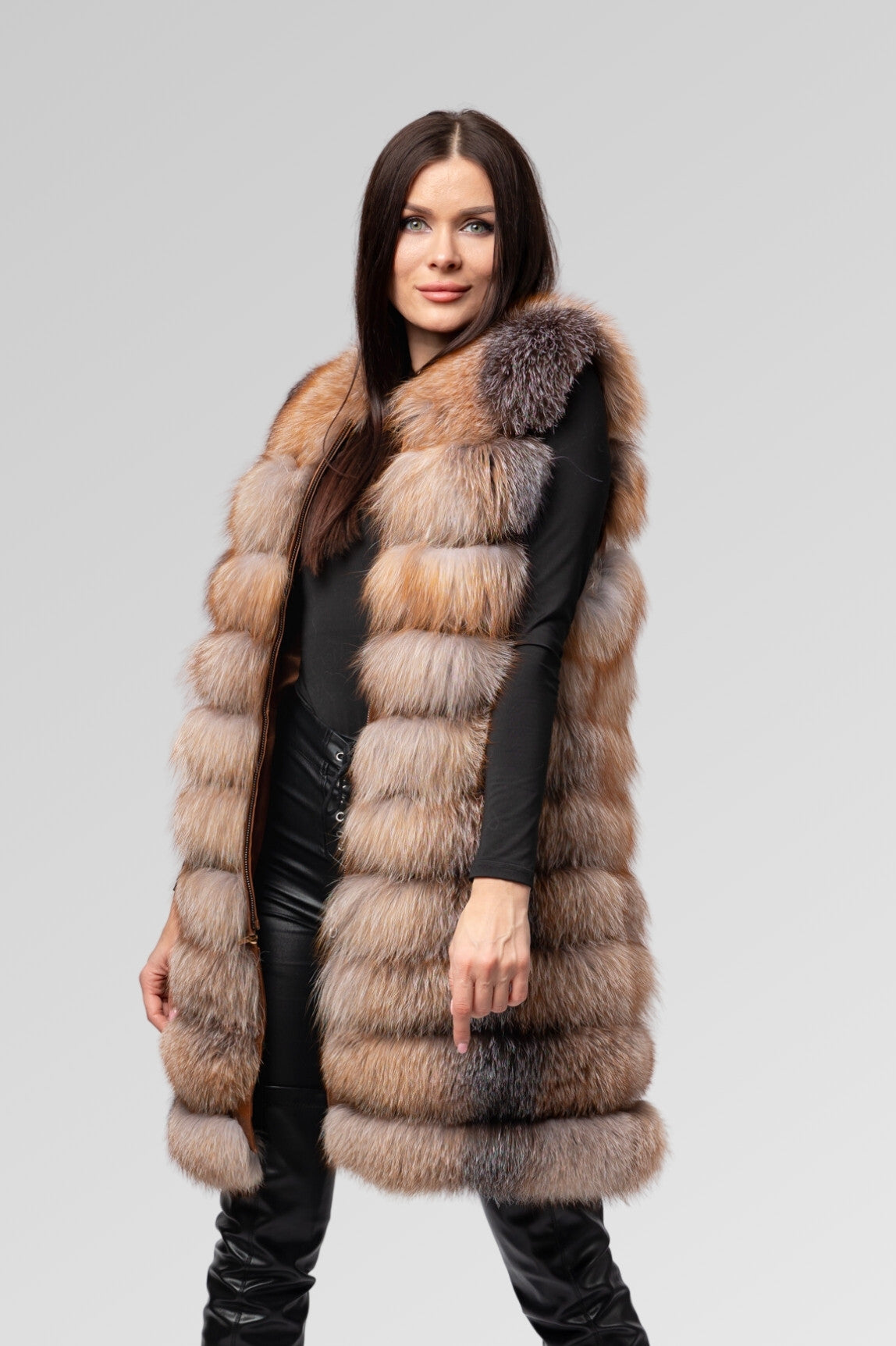 Cappotto in pelliccia naturale di volpe argentata, trasformabile 6 in 1, donna, Brown Frost 241