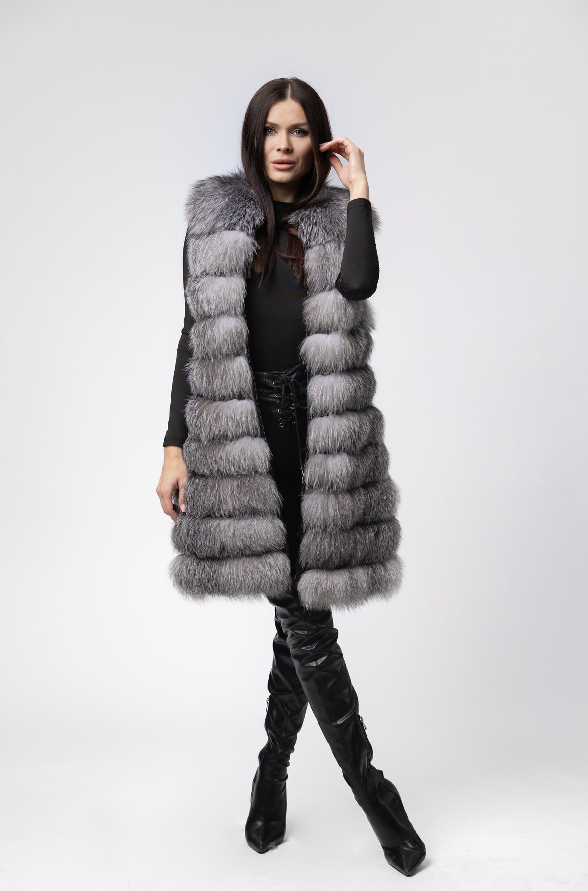 Haină din Blană Naturală de Vulpe, Femei, Transformabilă 6 în 1, Silver Grey 257