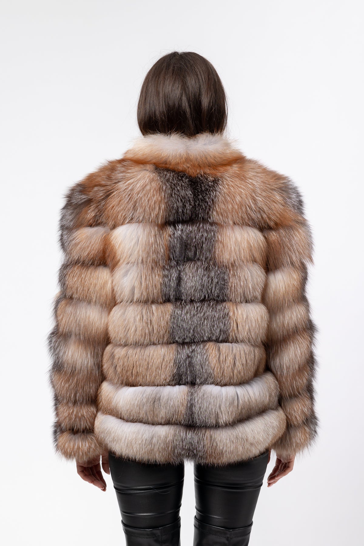 Cappotto in pelliccia naturale di volpe, colletto alla coreana, trasformabile, donna, Brown Frost 271