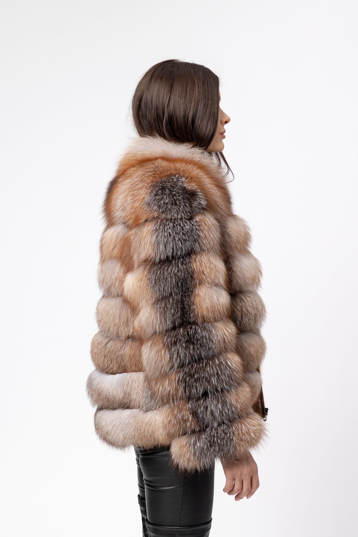Cappotto in pelliccia naturale di volpe, colletto alla coreana, trasformabile, donna, Brown Frost 271