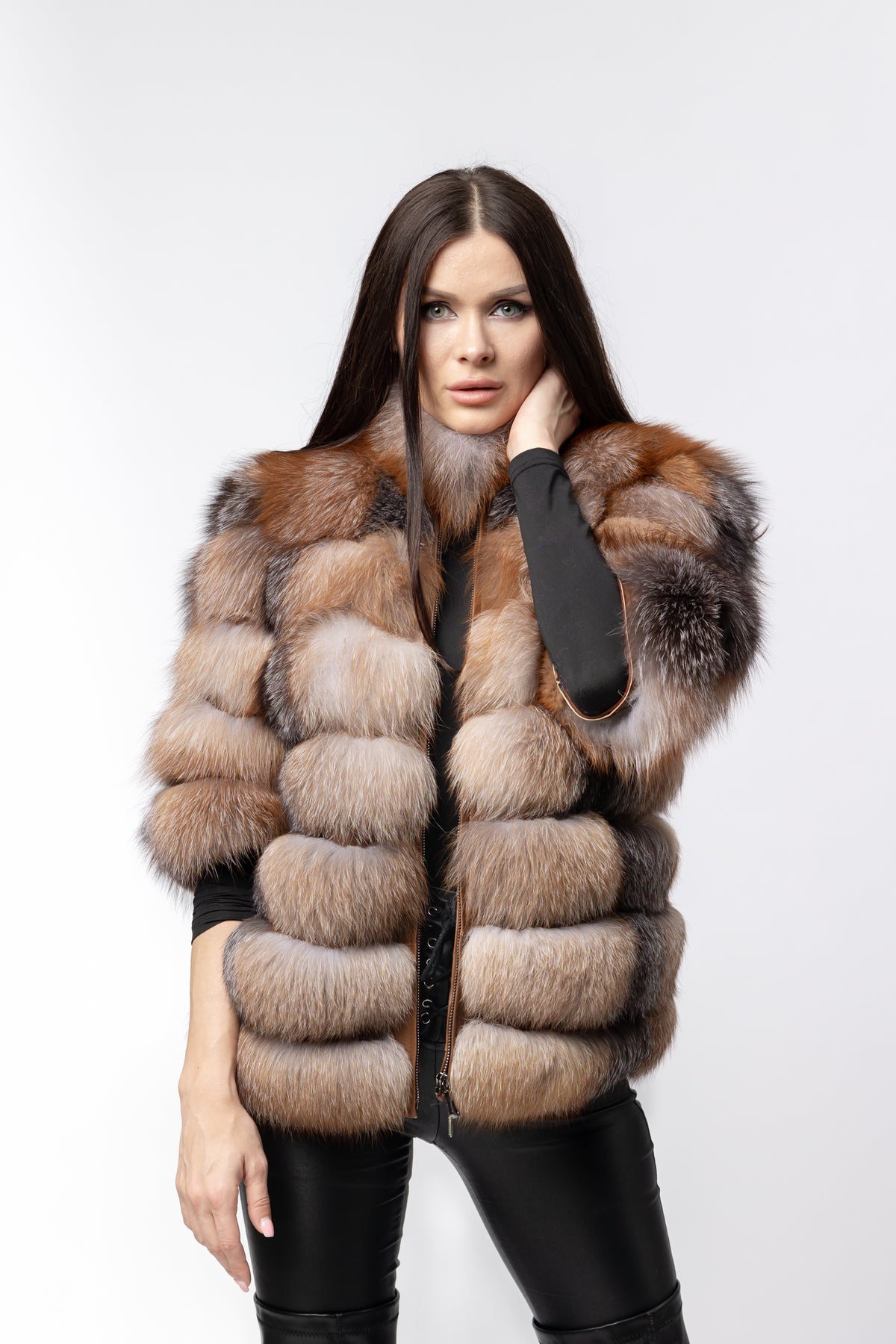 Cappotto in pelliccia naturale di volpe, colletto alla coreana, trasformabile, donna, Brown Frost 271