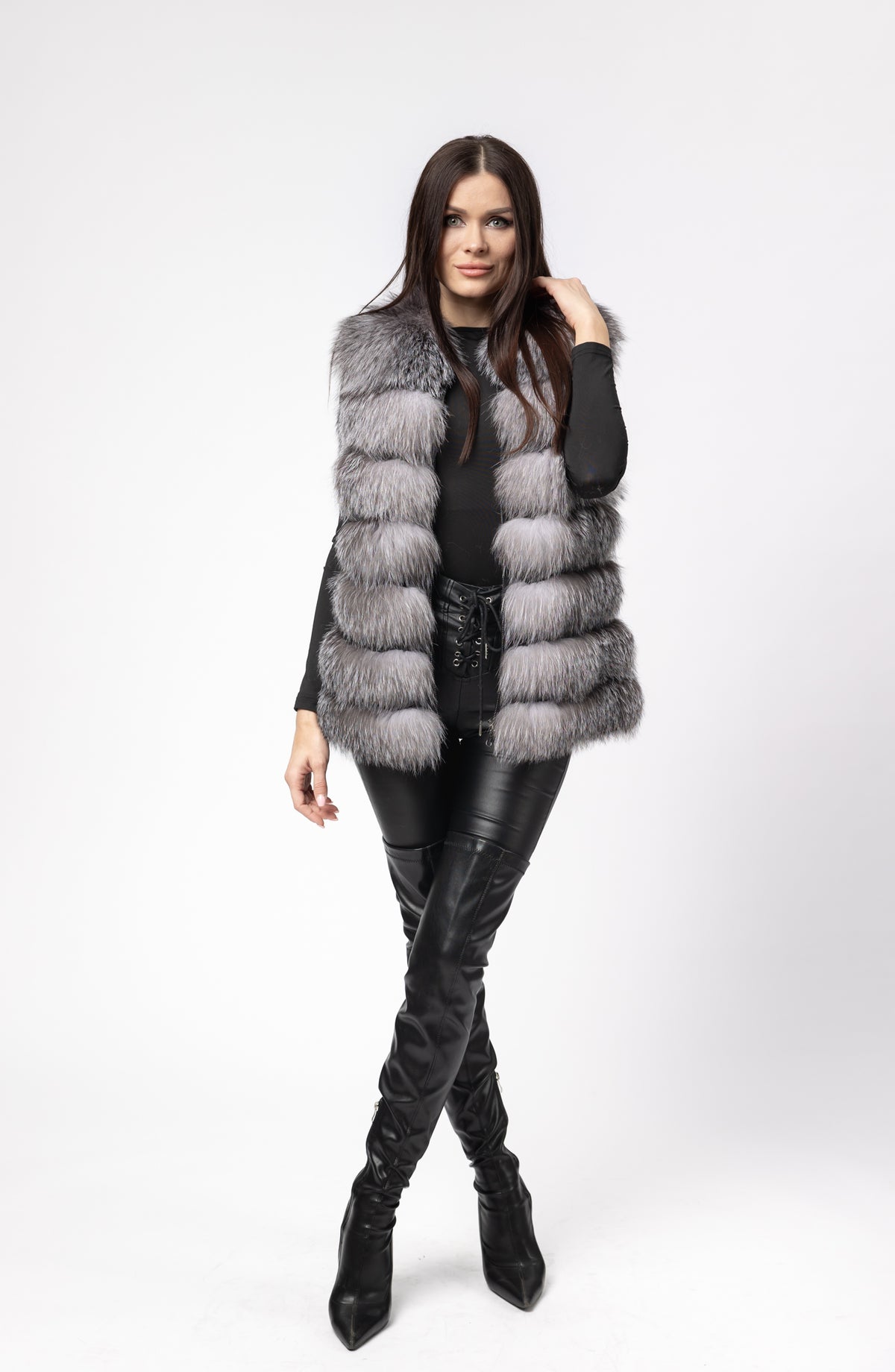 Haină din Blană Naturală de Vulpe, Femei, Transformabilă 6 în 1, Silver Grey 257