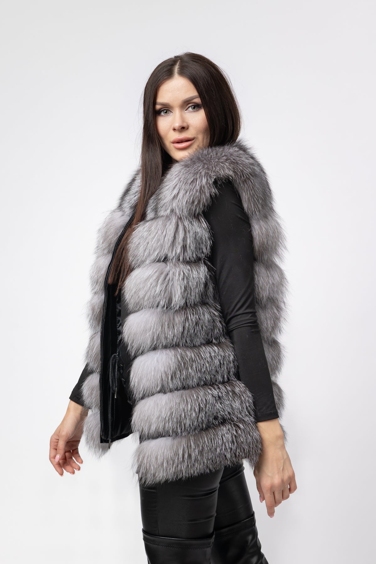 Haină din Blană Naturală de Vulpe, Femei, Transformabilă 6 în 1, Silver Grey 257