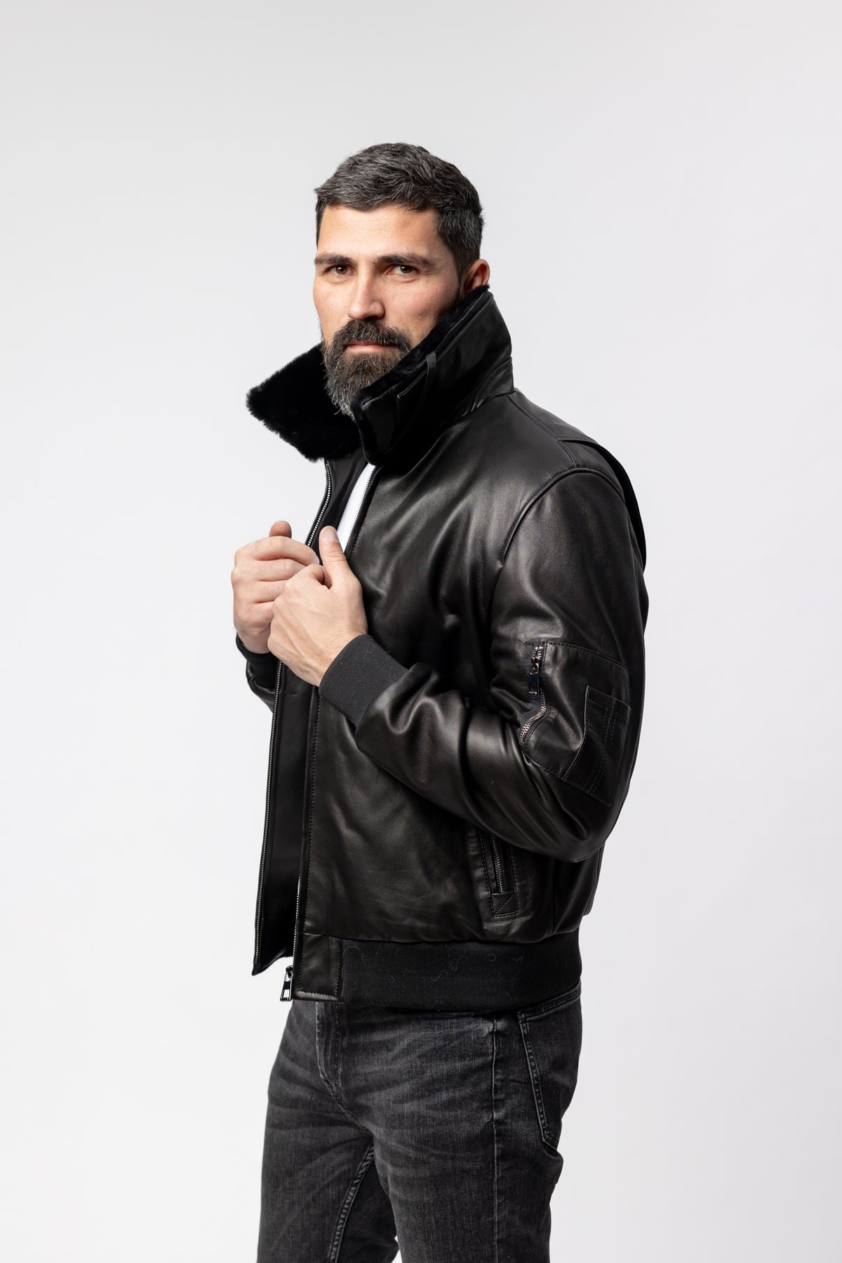 geaca din piele si blana pentru barbati model aviator