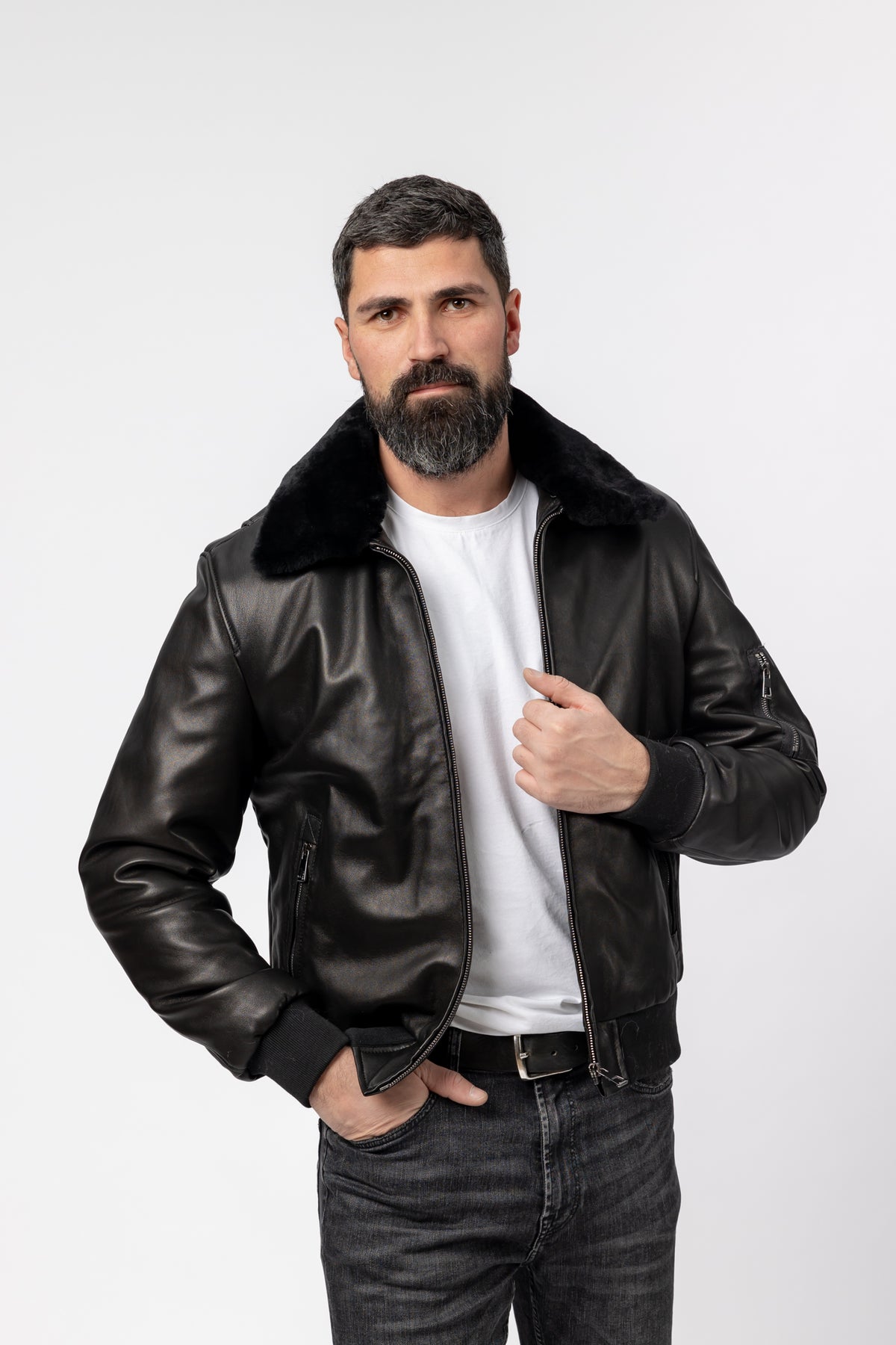 geaca din piele si blana pentru barbati model aviator