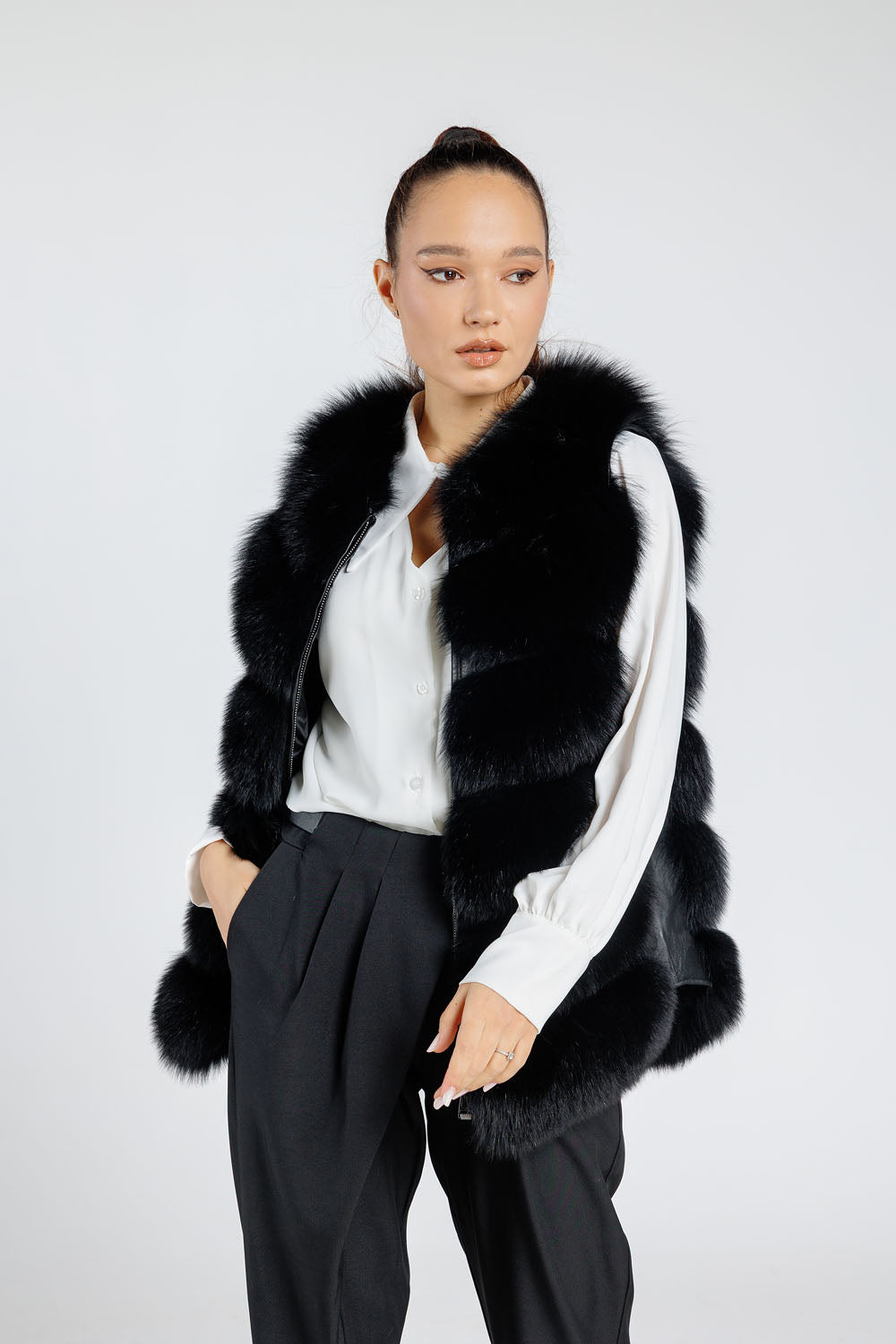 Manteau en fourrure naturelle de renard, à manches détachables, femme, Obsidian 255
