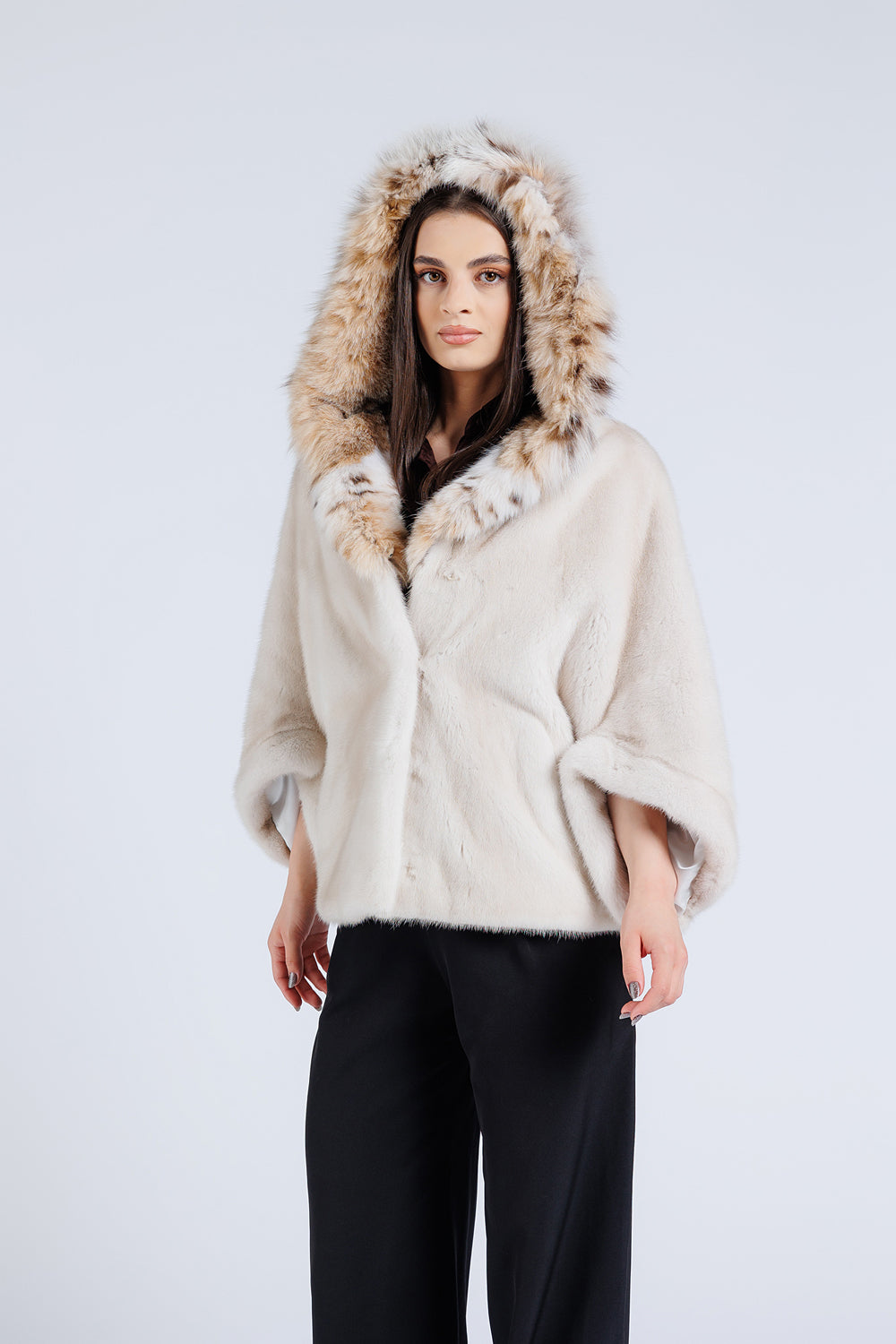 Natural Mink Fur Cape with Natural Lynx Fur Hood, Women, Pearl 55