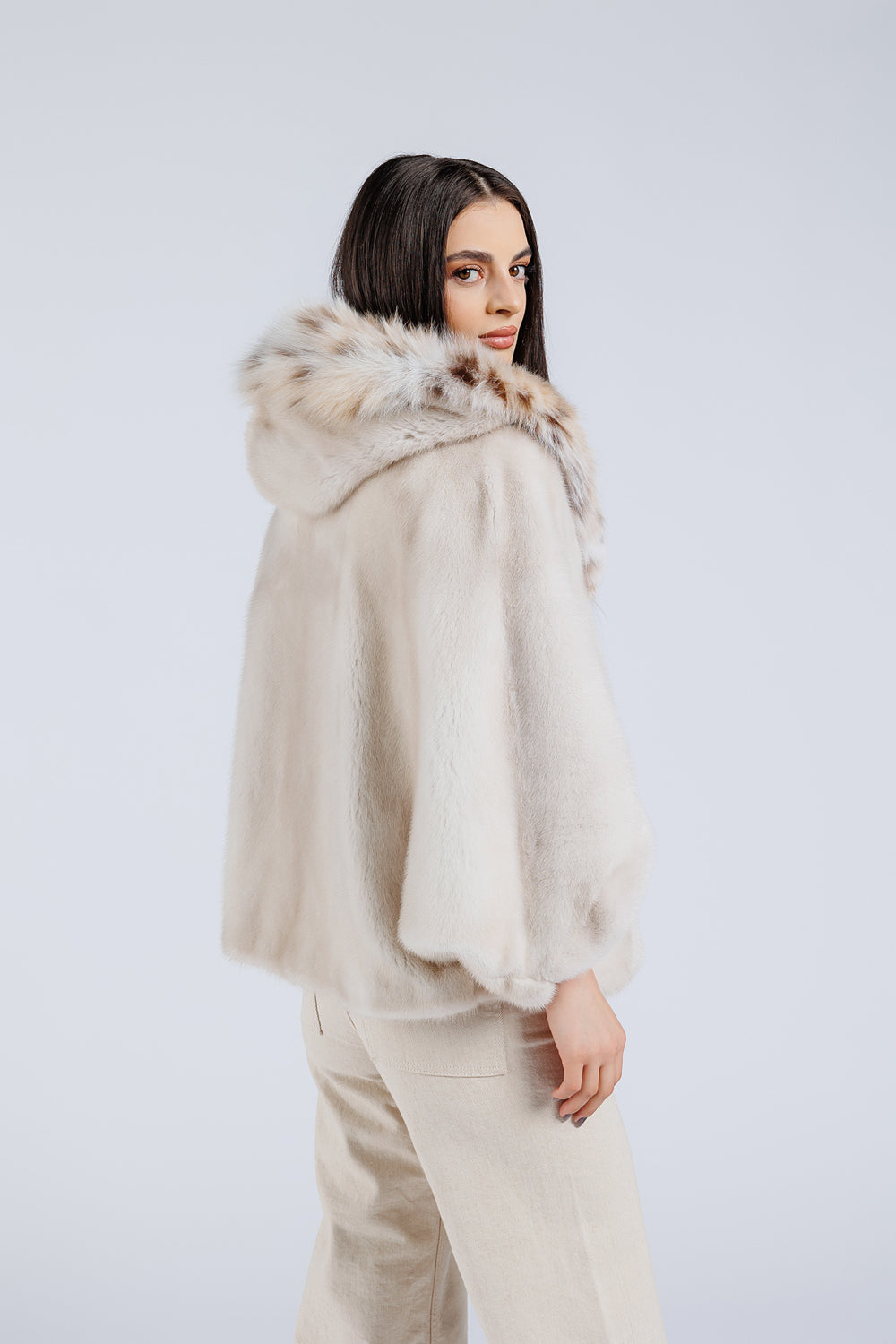 Natural Mink Fur Cape with Natural Lynx Fur Hood, Women, Pearl 55