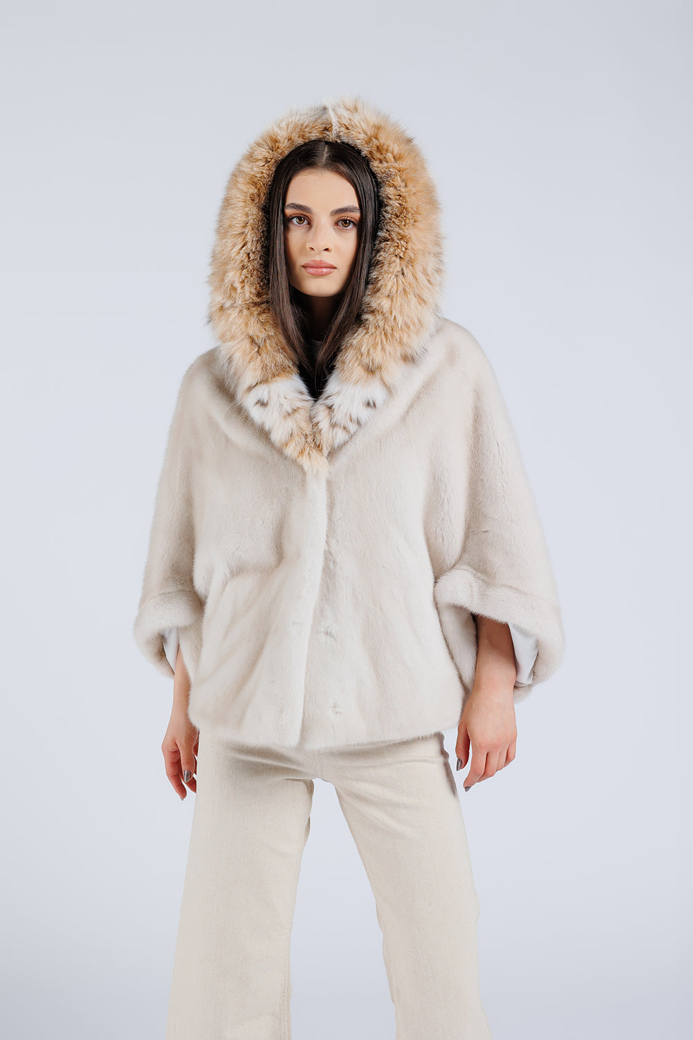 Natural Mink Fur Cape with Natural Lynx Fur Hood, Women, Pearl 55