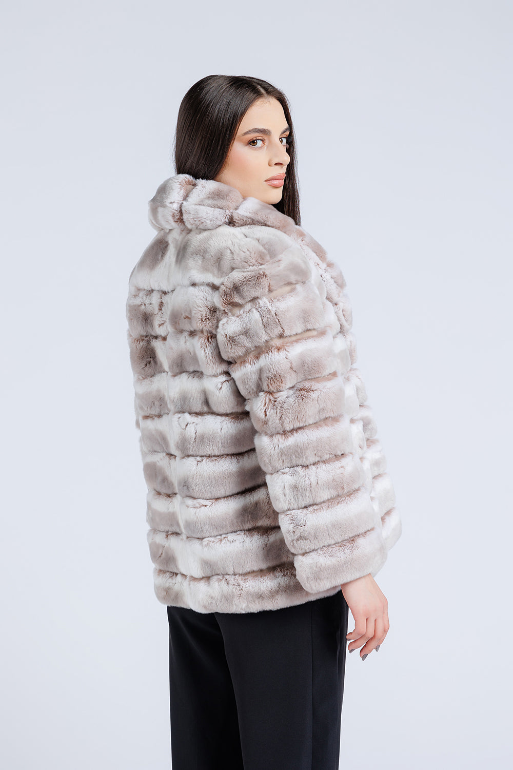 Haină din Blană Naturală de Rex Chinchilla, Guler Rever, Femei, Pearl 176