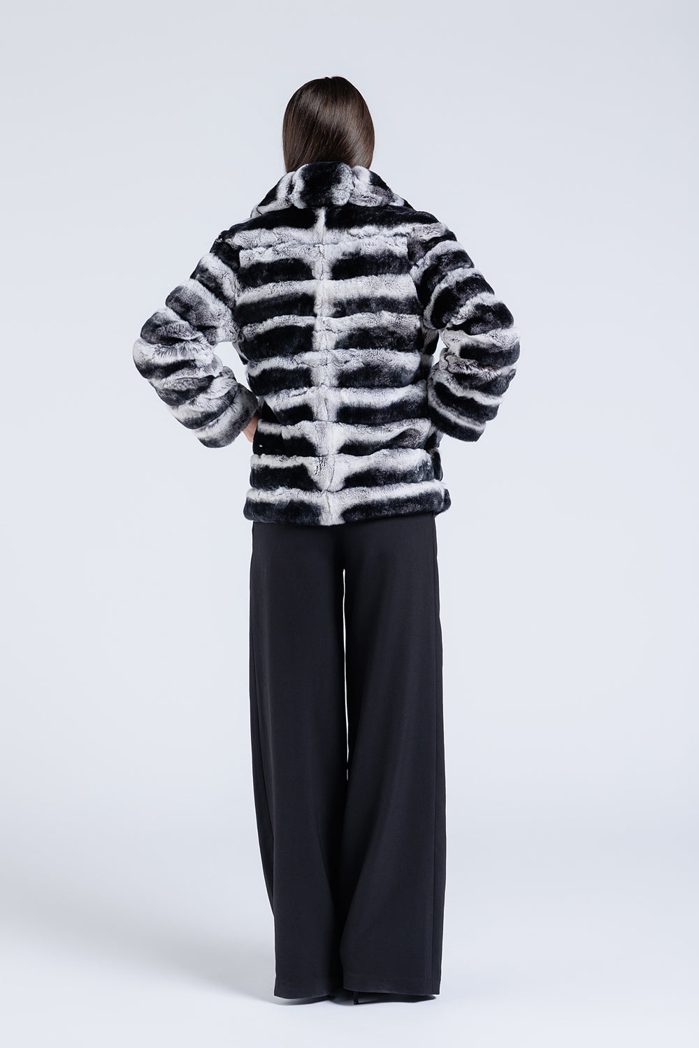 Cappotto in vera pelliccia di rex cincillà, collo a revers, donna, grigio argento 177