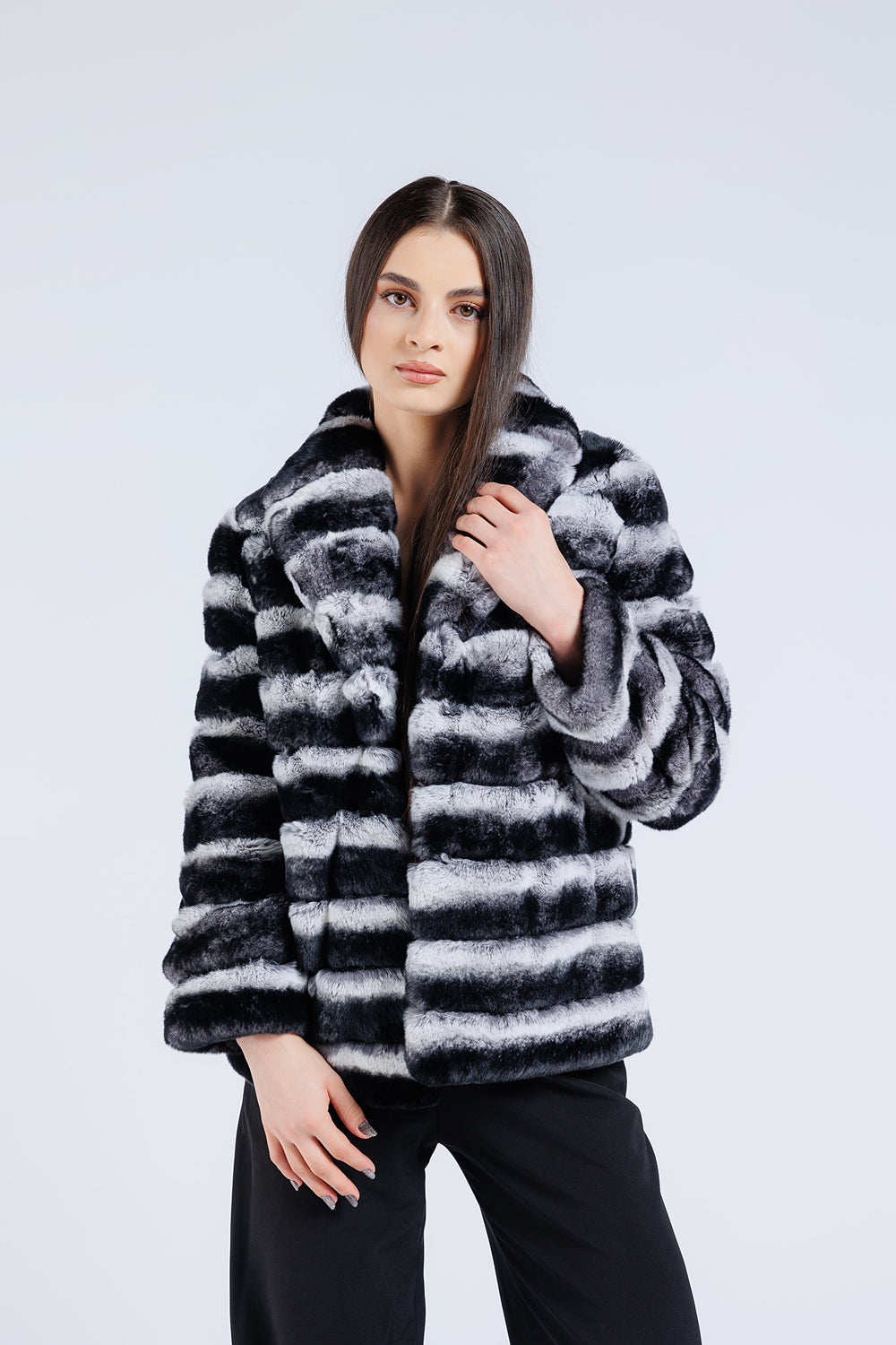 Cappotto in vera pelliccia di rex cincillà, collo a revers, donna, grigio argento 177