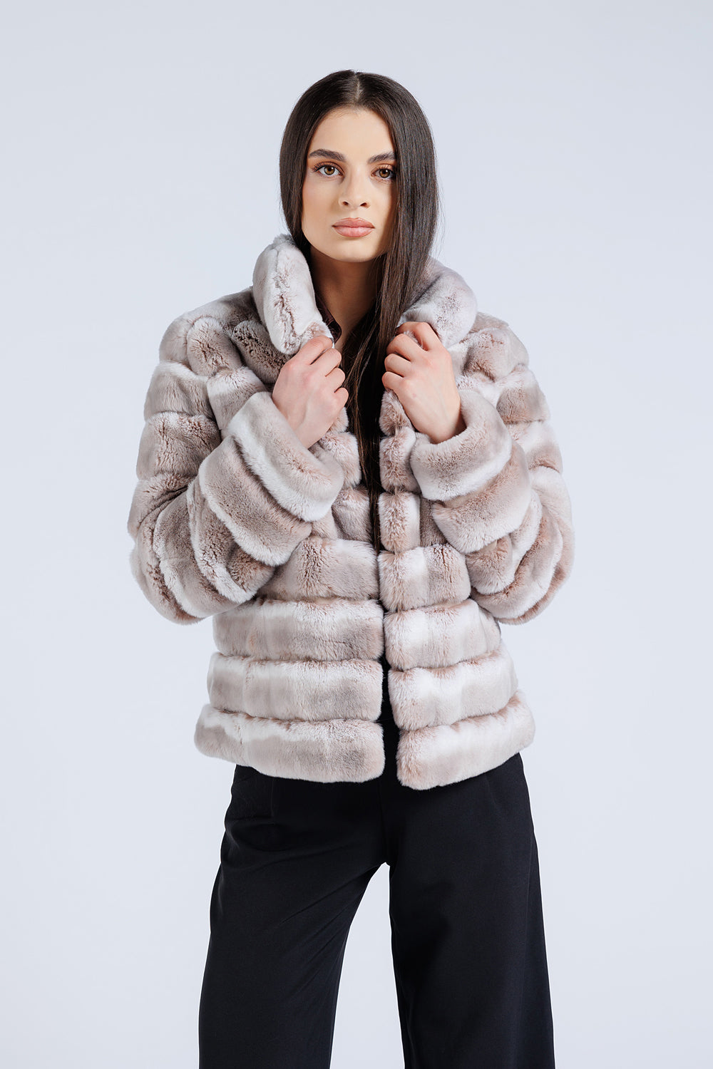 Haină din Blană Naturală de Rex Chinchilla, Guler Tunică, Femei, Pearl 179