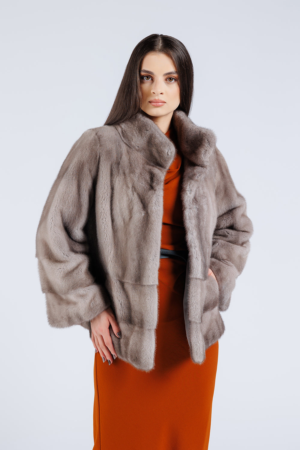 Cappotto in pelliccia naturale di visone, manica a campana, donna, Silver Blue 227