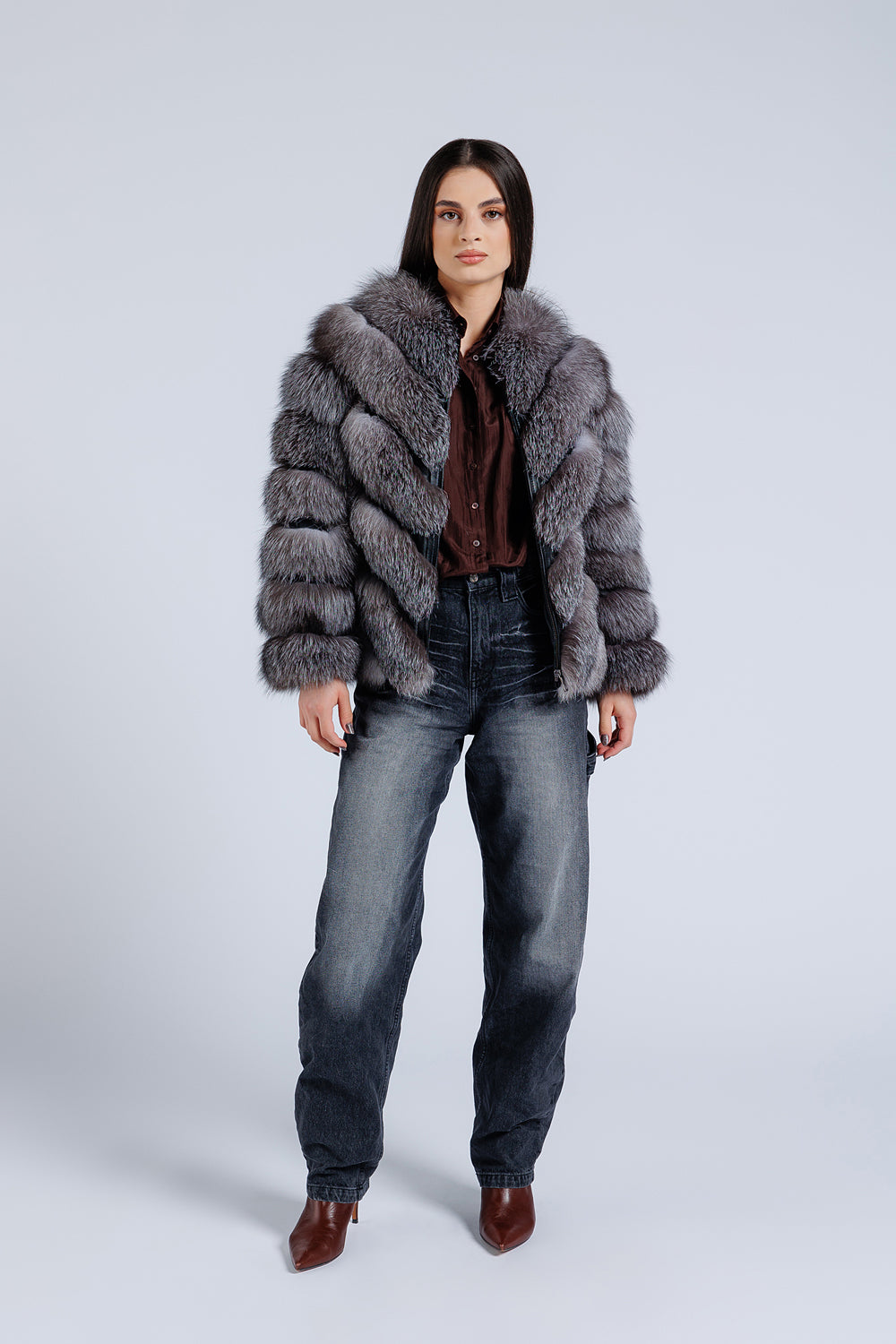 Natural Fox Fur Coat, V pattern, Women, Dark Gray Frost 273