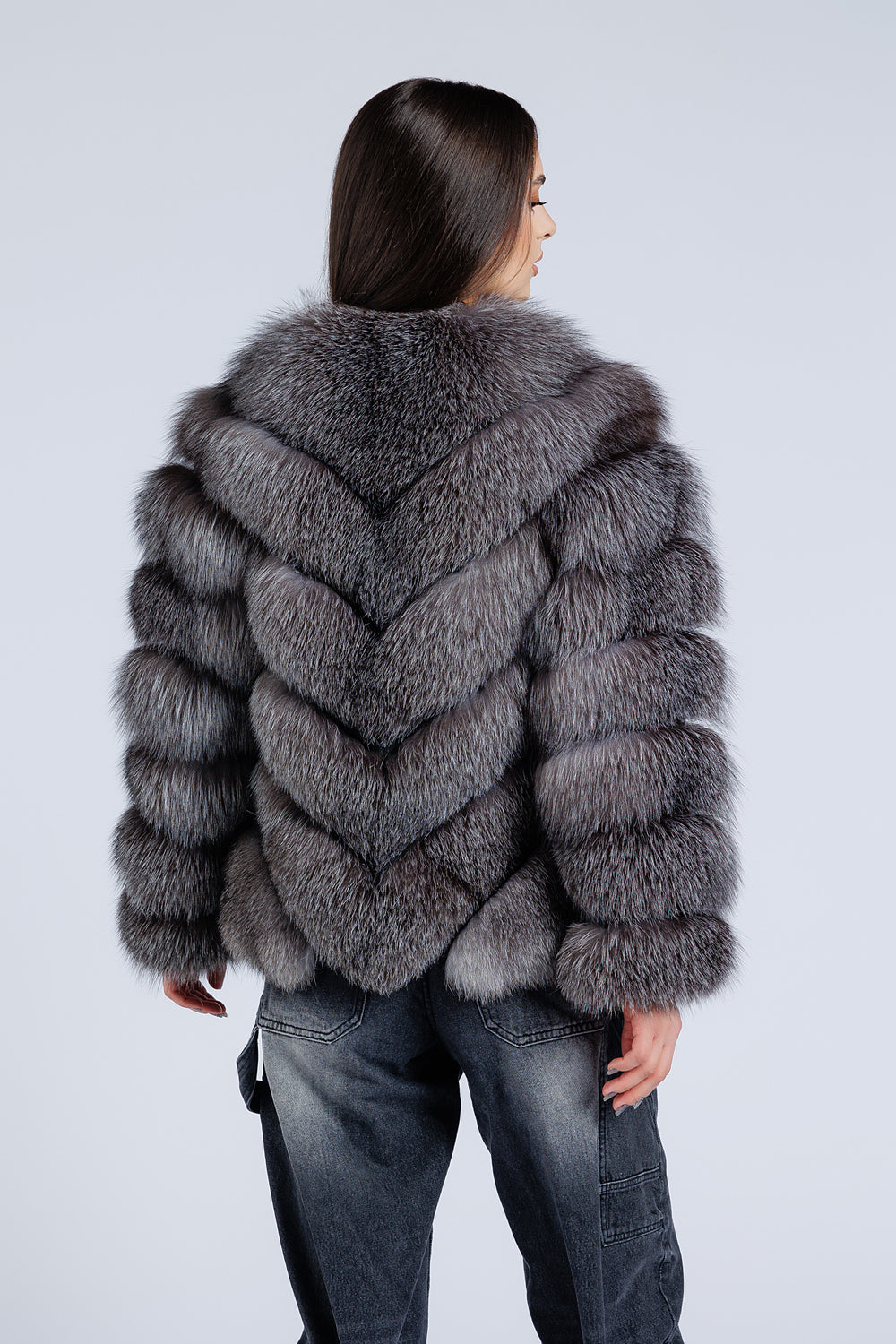 Haină din Blană Naturală de Vulpe, V model, Femei, Dark Grey Frost 273
