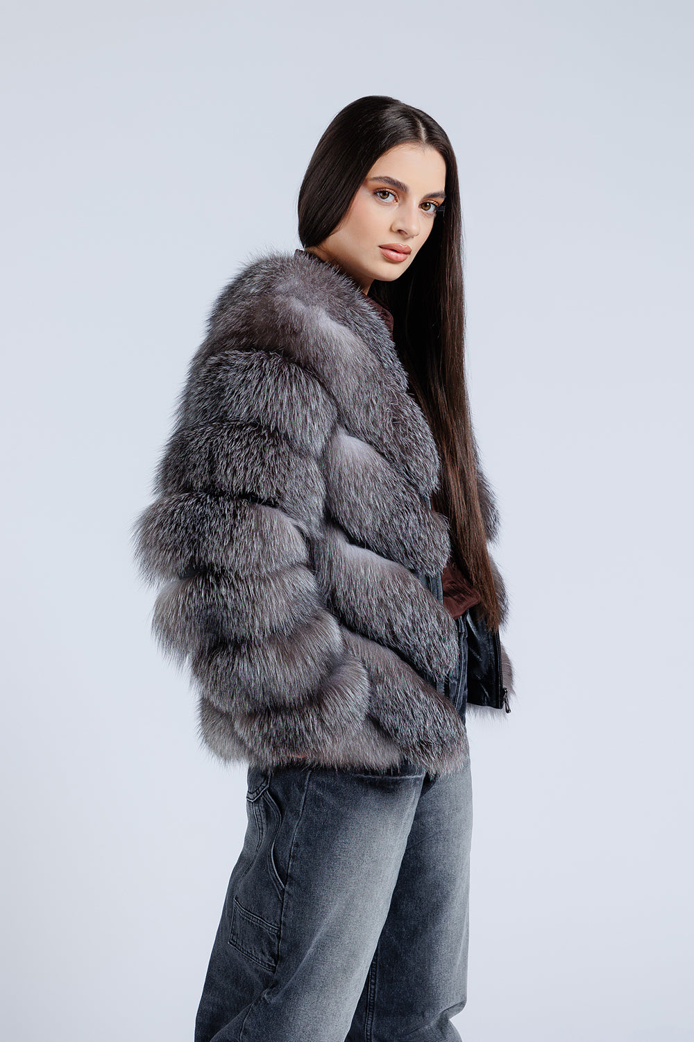Natural Fox Fur Coat, V pattern, Women, Dark Gray Frost 273