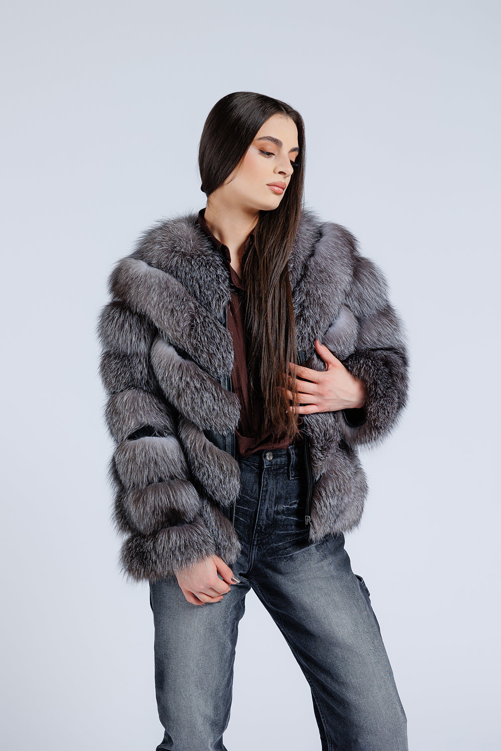 Natural Fox Fur Coat, V pattern, Women, Dark Gray Frost 273