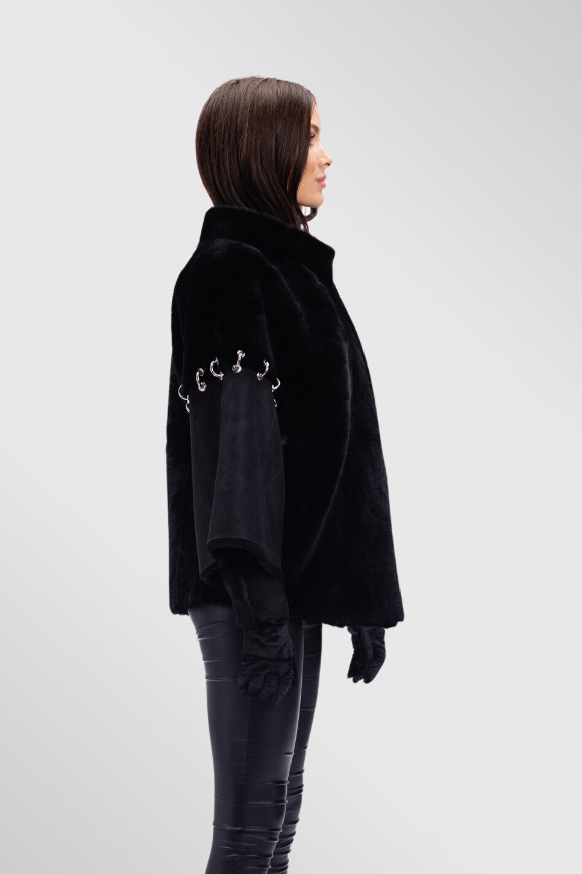 Poncho din Piele si Blană Naturală Shearling, Femei, Obsidian 299