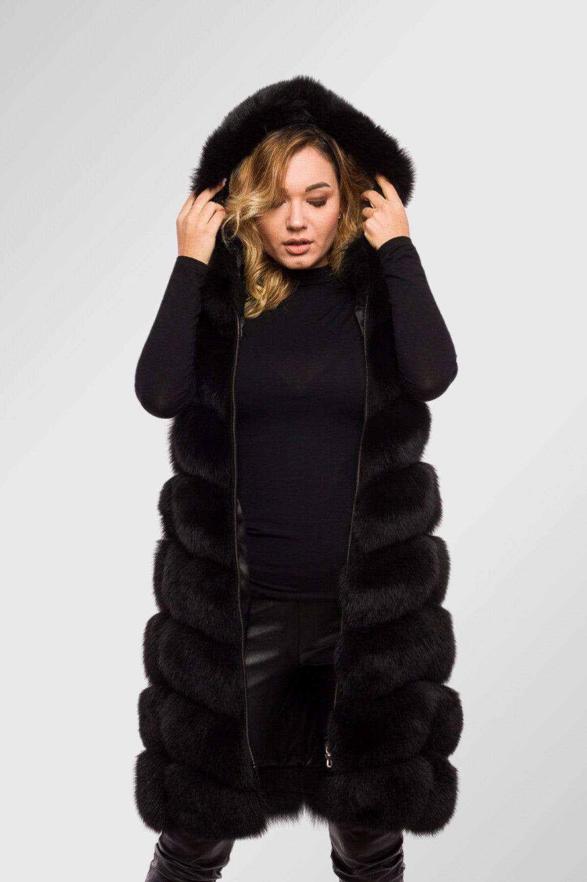 Gilet en fourrure de renard naturelle, avec capuche, femmes, Obsidian 320