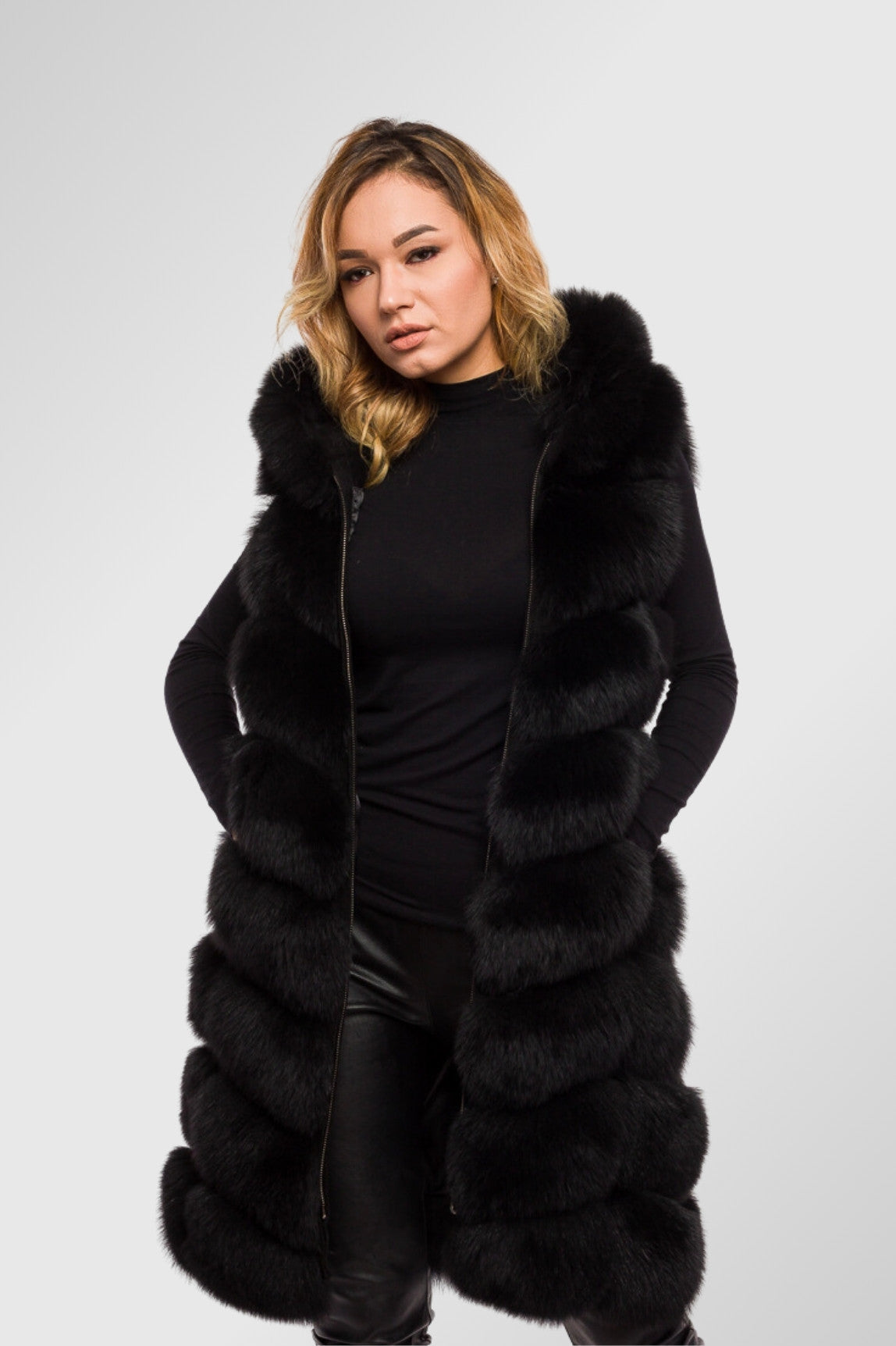 Gilet en fourrure de renard naturelle, avec capuche, femmes, Obsidian 320